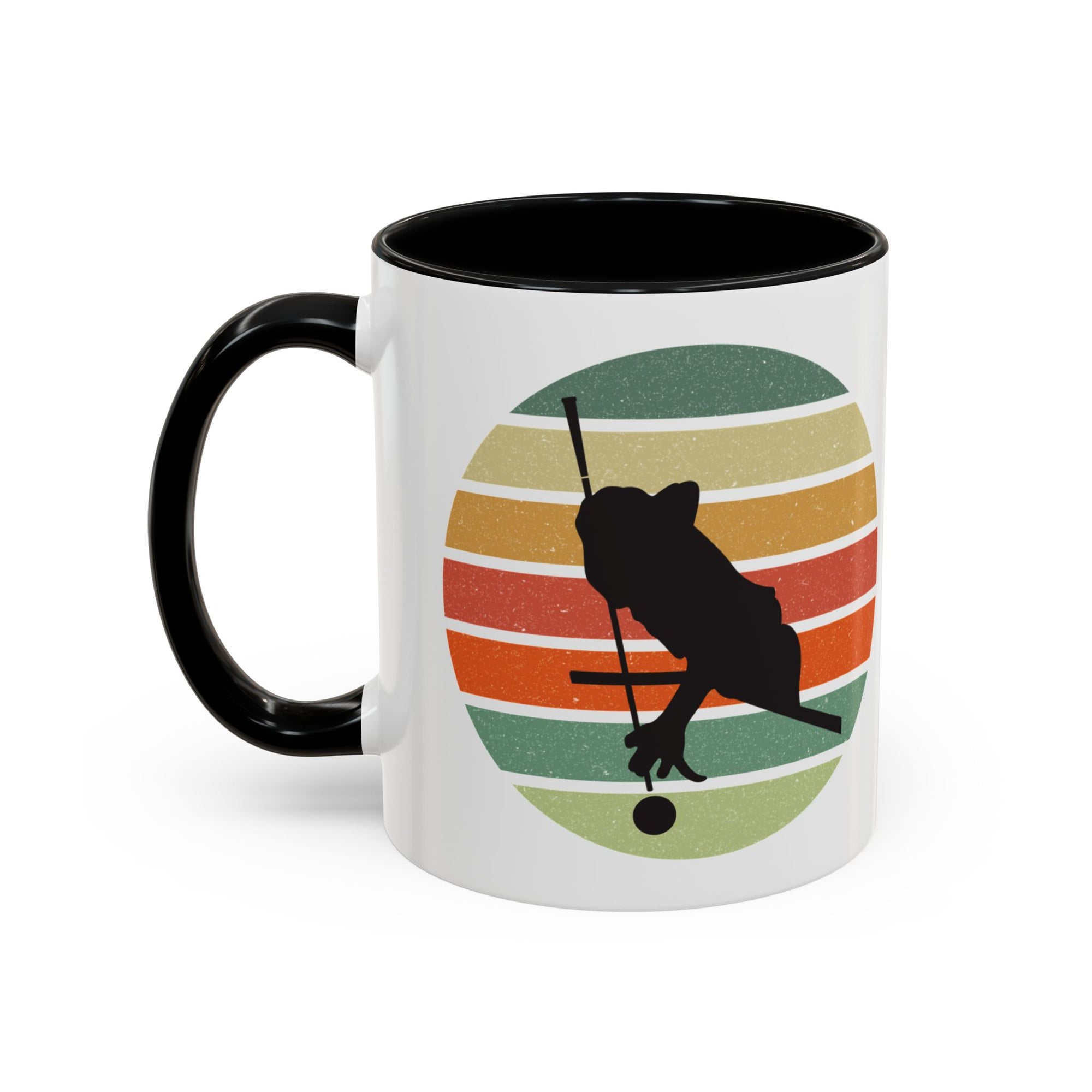 Mug with black accents and a graphic of a billiards player silhouette over a colorful retro design on a white background.