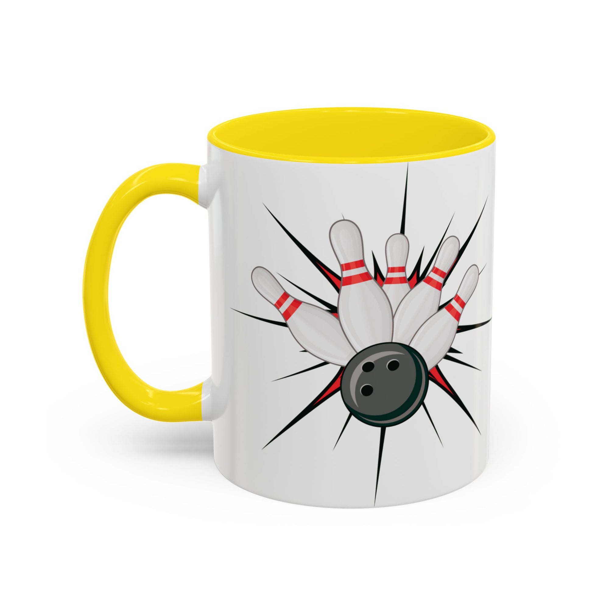 A white ceramic coffee mug with yellow accents on the handle and interior, with a graphic design of a bowling ball smashing into pins on a white background