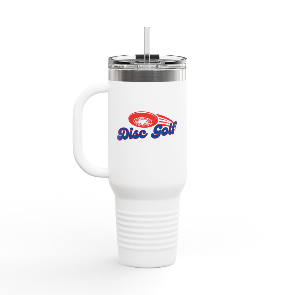 A white 40oz travel mug with handle, lid and straw, with 'Disc Golf' in a blue script text outlined in red and disc golf with motion trails, against a white background