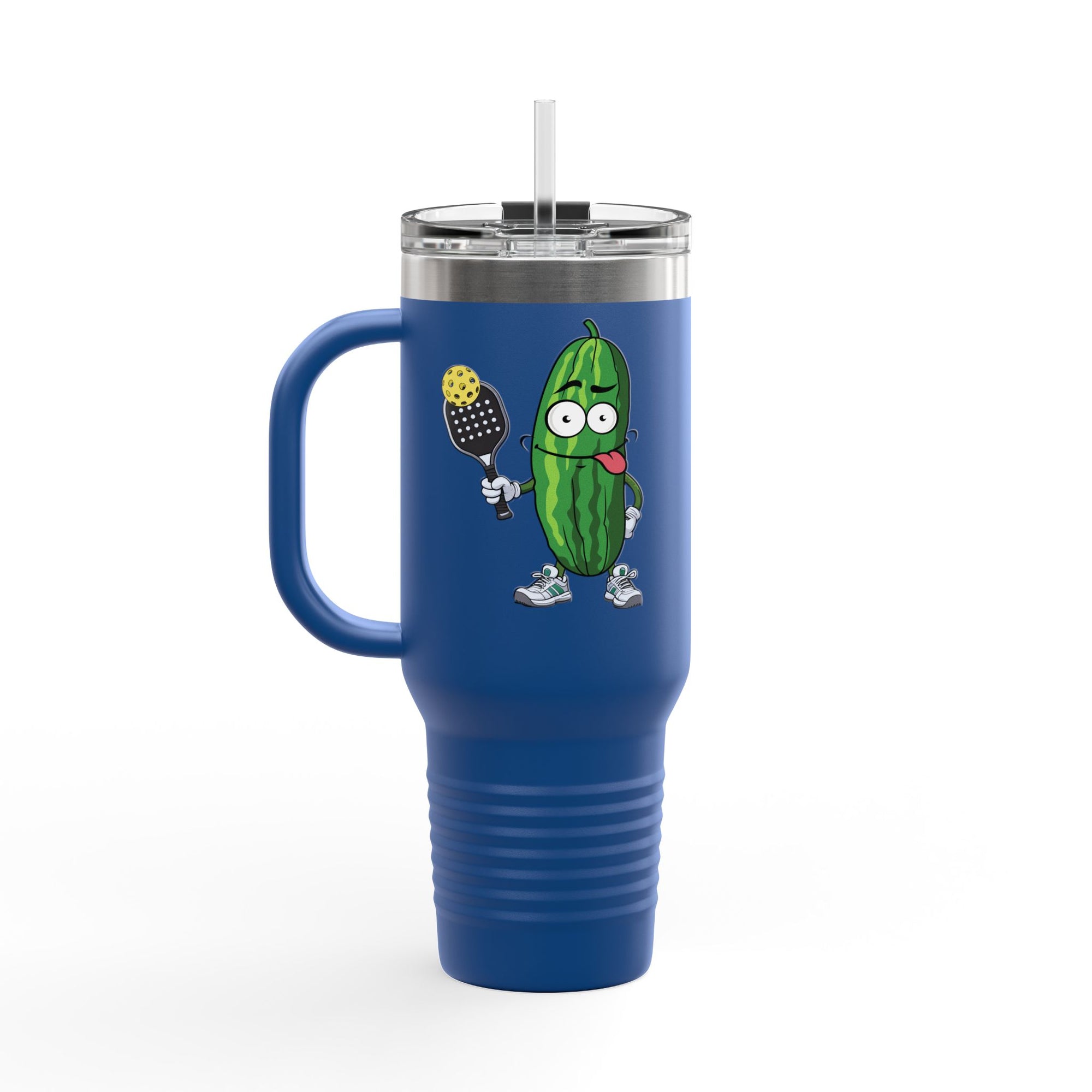 A blue 40oz tumbler with lid and straw featuring a cartoon pickle with googly eyes and his tongue sticking out, holding a pickleball paddle with a yellow pickleball, against a white background
