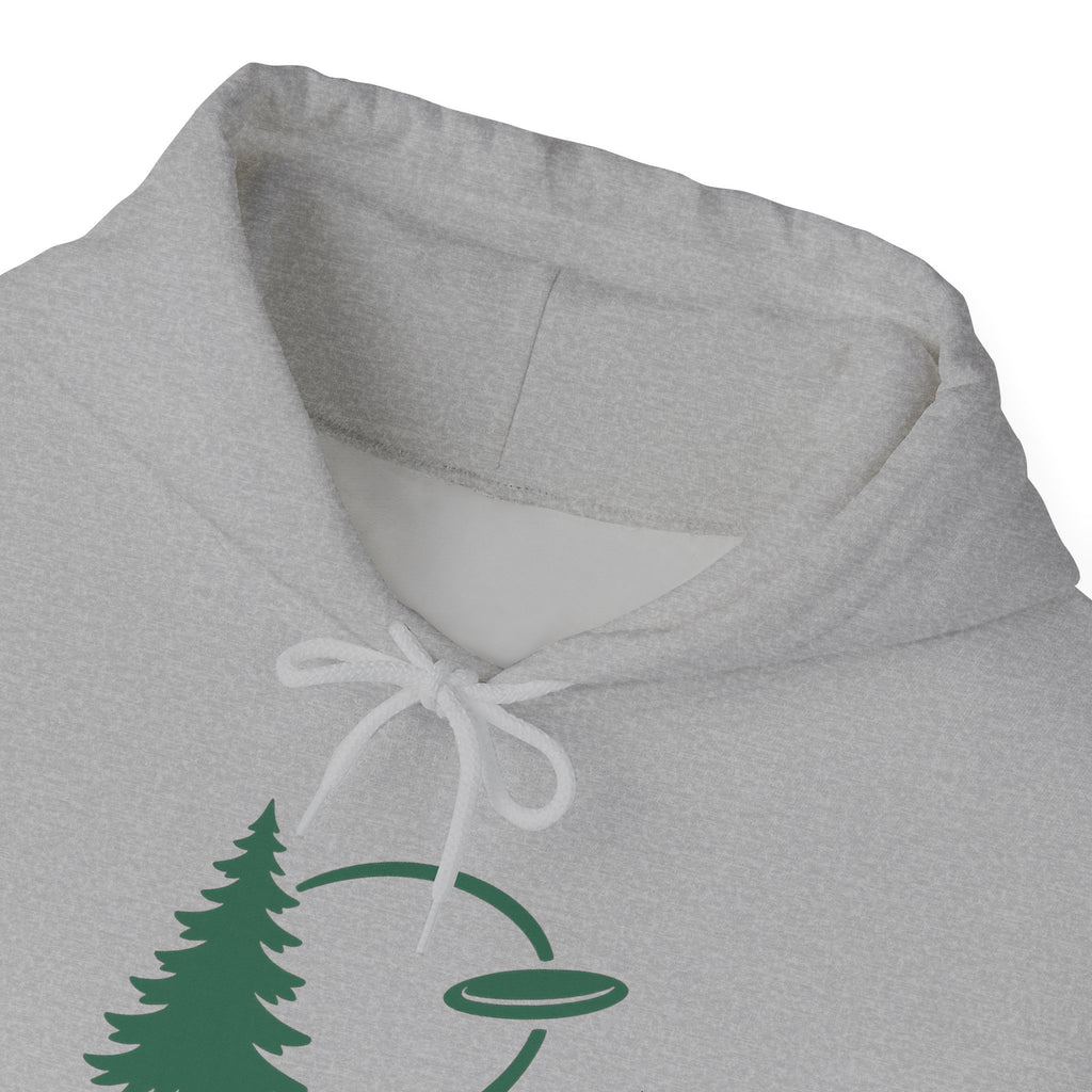 Neckline of a gray hoodie with green graphic of trees and a disc golf flying with the words 'HYZER LIFE' below the image, against a white background