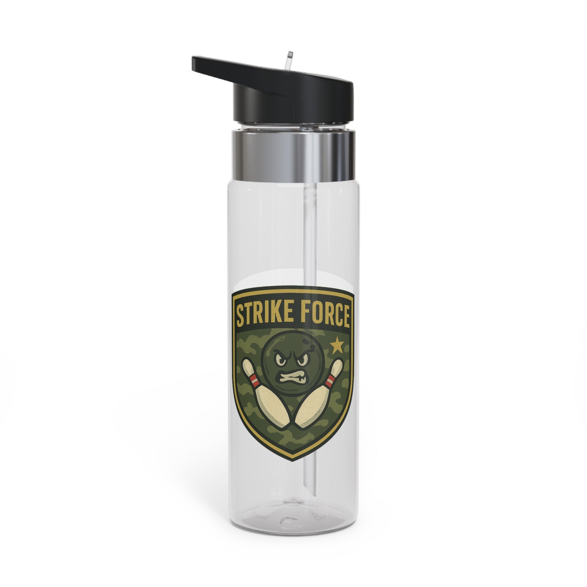 A clear water bottle with black lid, with bowling 'Strike Force' military-style patch on a white background