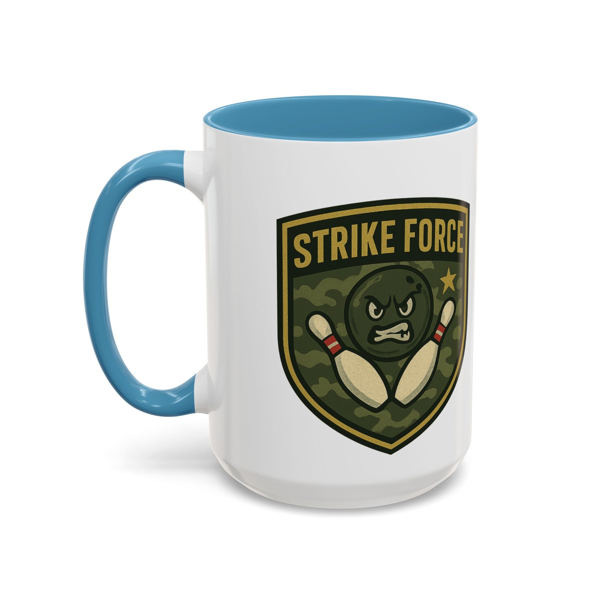 A white ceramic coffee mug with light blue accents on the handle and interior, with bowling 'Strike Force' military-style patch on a white background