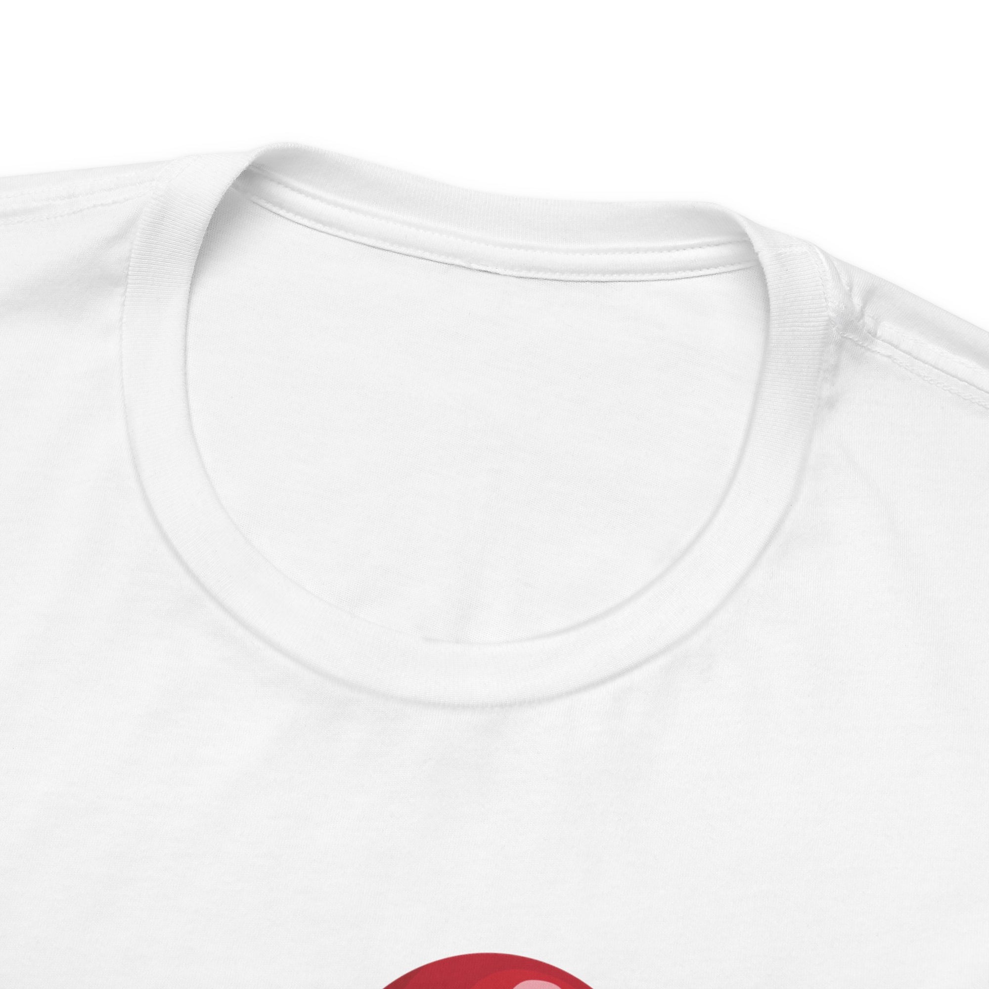 Close-up of a white t-shirt with a red logo on a white background