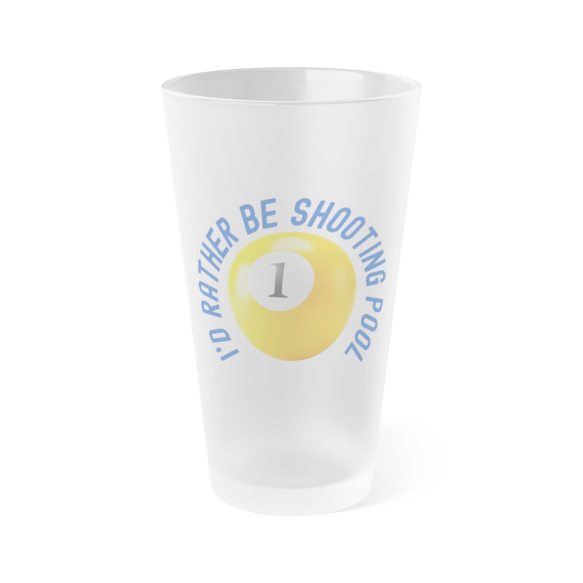 Frosted pint glass with pool ball design and text that says "I'd Rather Be Shooting Pool" on a white background