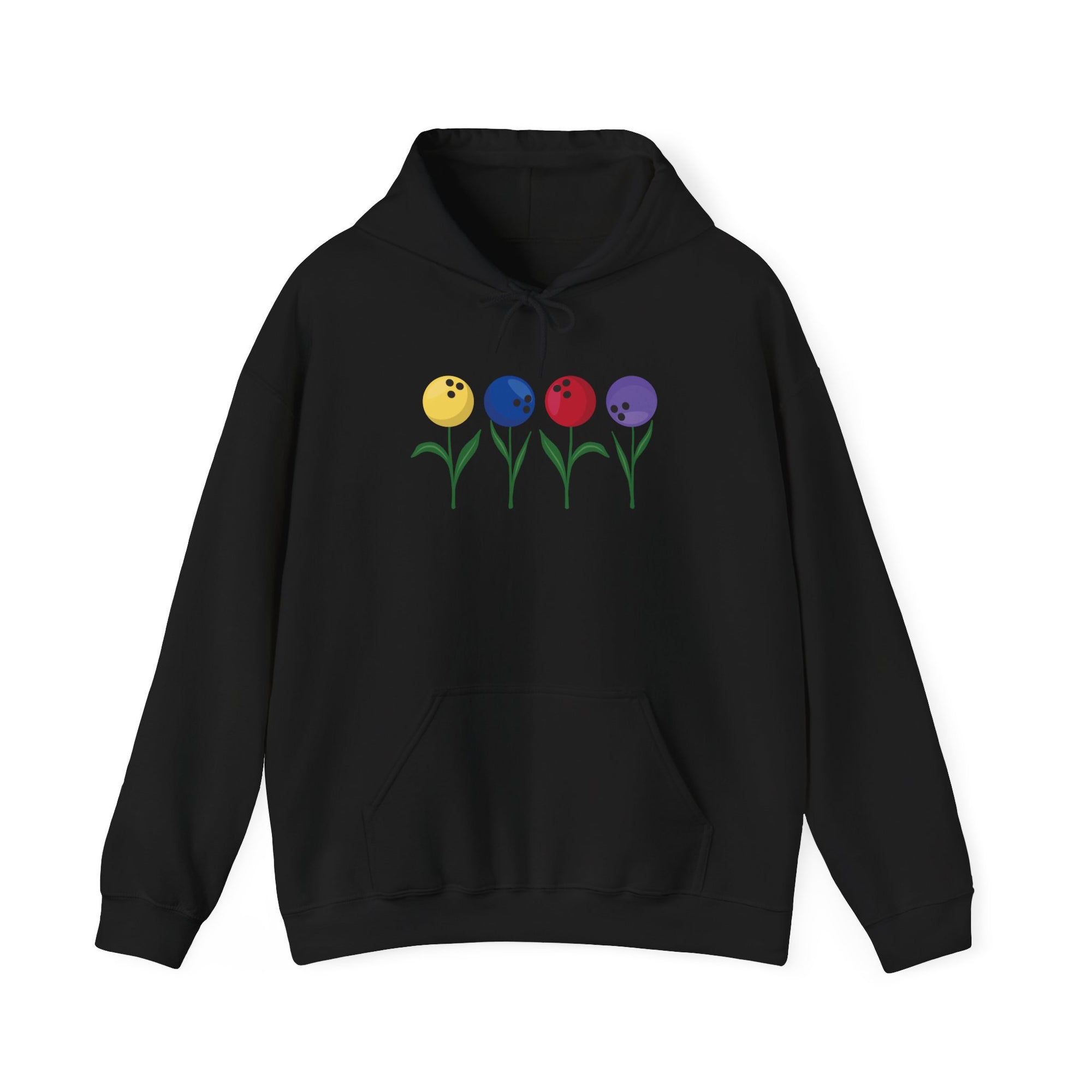 Black hoodie with colorful flowers made out of bowling balls, on a white background