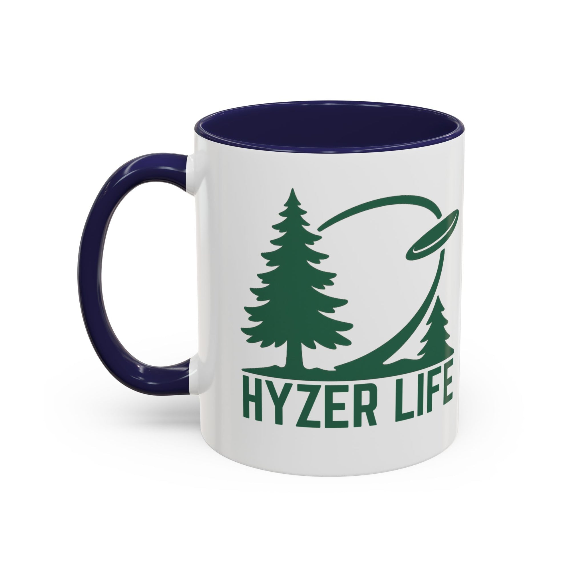 Ceramic coffee mug with dark blue accents on the handle and interior, with green graphic of trees and a disc golf flying with the words 'HYZER LIFE' below the image, against a white background
