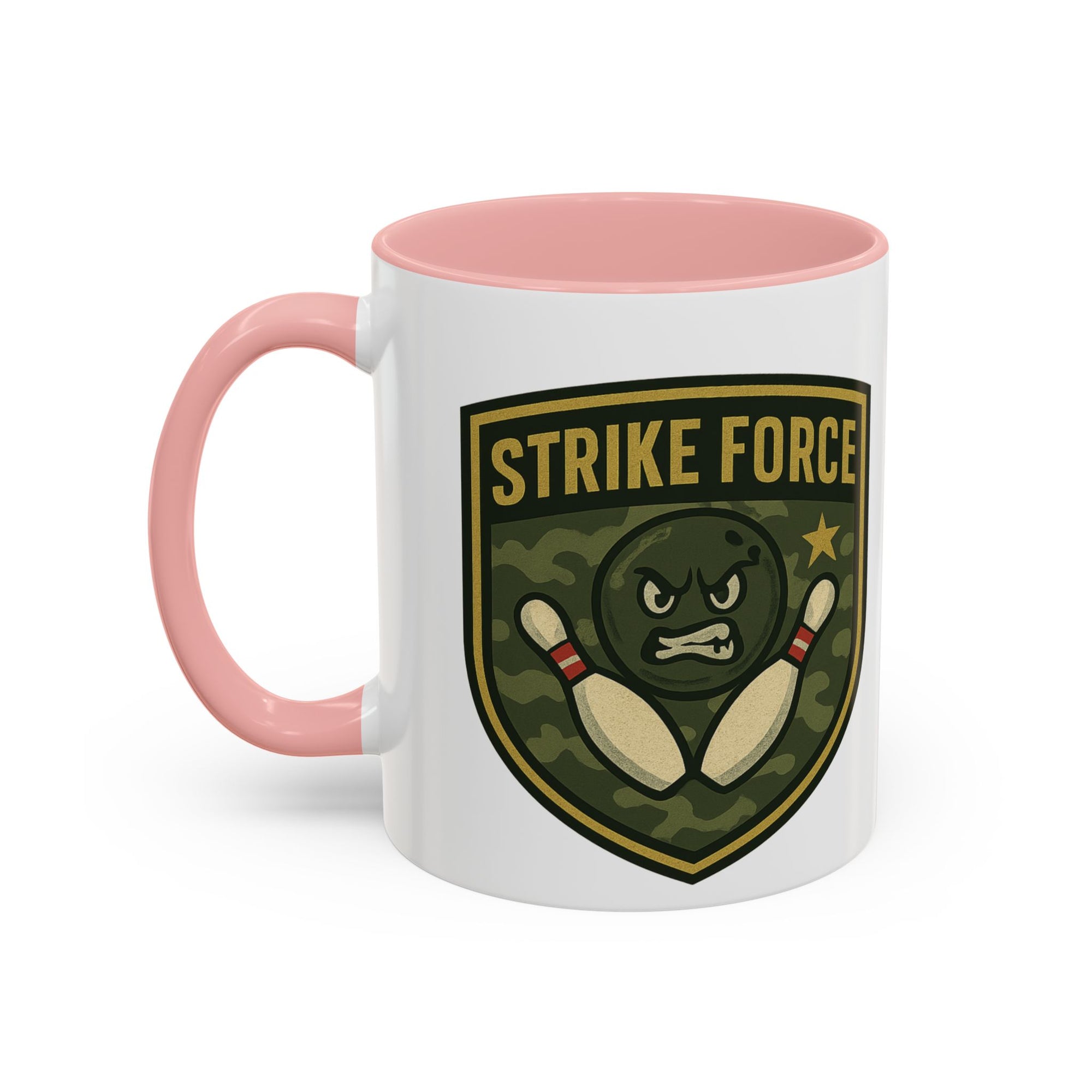 A white ceramic coffee mug with pink accents on the handle and interior, with bowling 'Strike Force' military-style patch on a white background