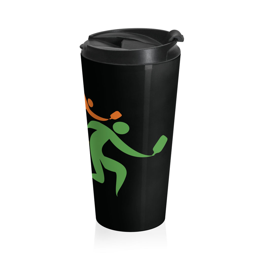 Black travel coffee mug with lid featuring an image of four colorful pickleball player drawings playing pickleball against a white background