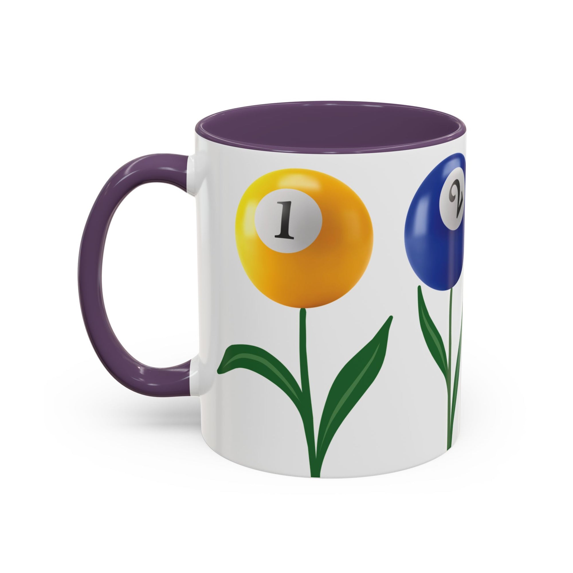 A white ceramic coffee mug with purple accents on the handle and interior, with four colorful flowers made out of billiards balls with green stems, on a white background