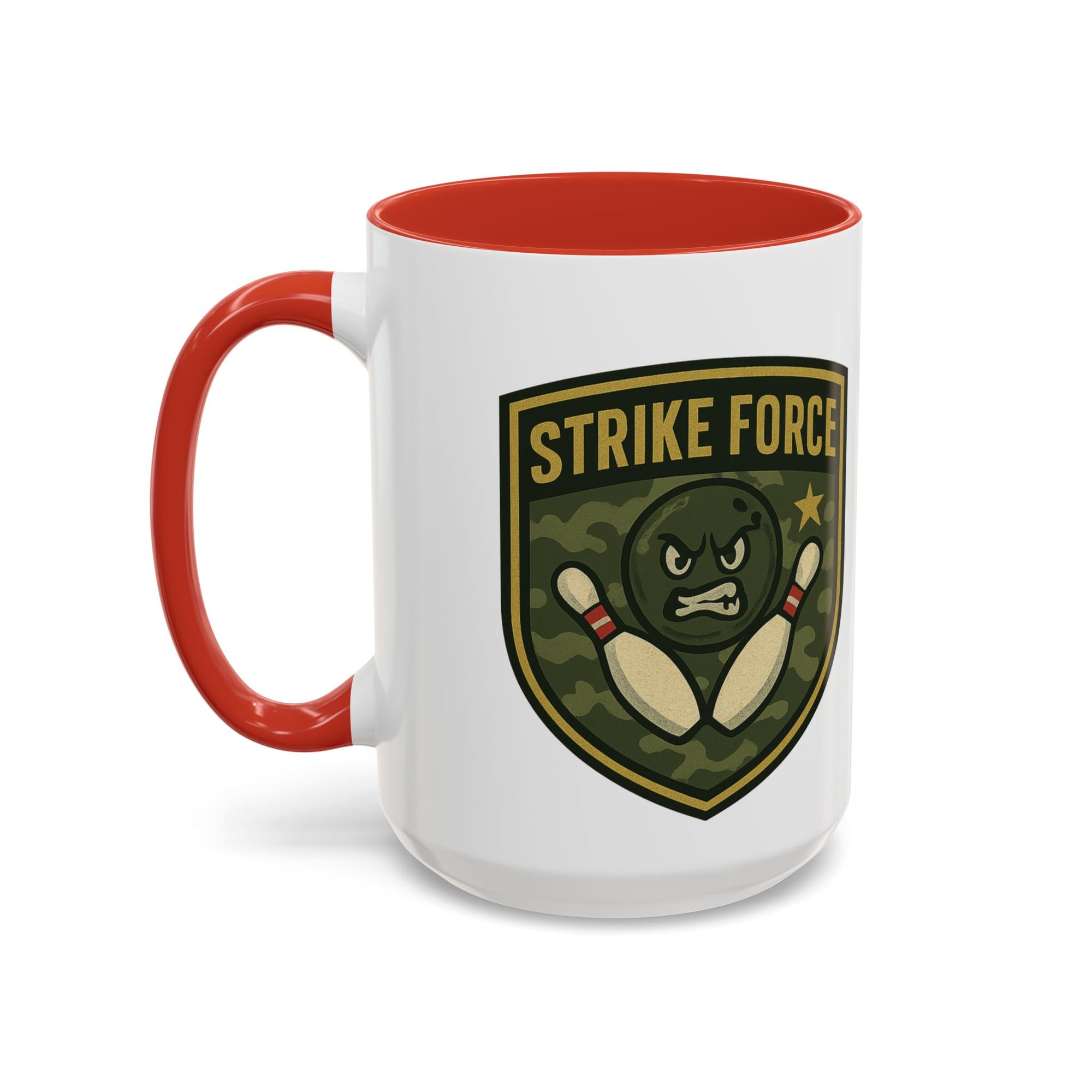 A white ceramic coffee mug with red accents on the handle and interior, with bowling 'Strike Force' military-style patch on a white background