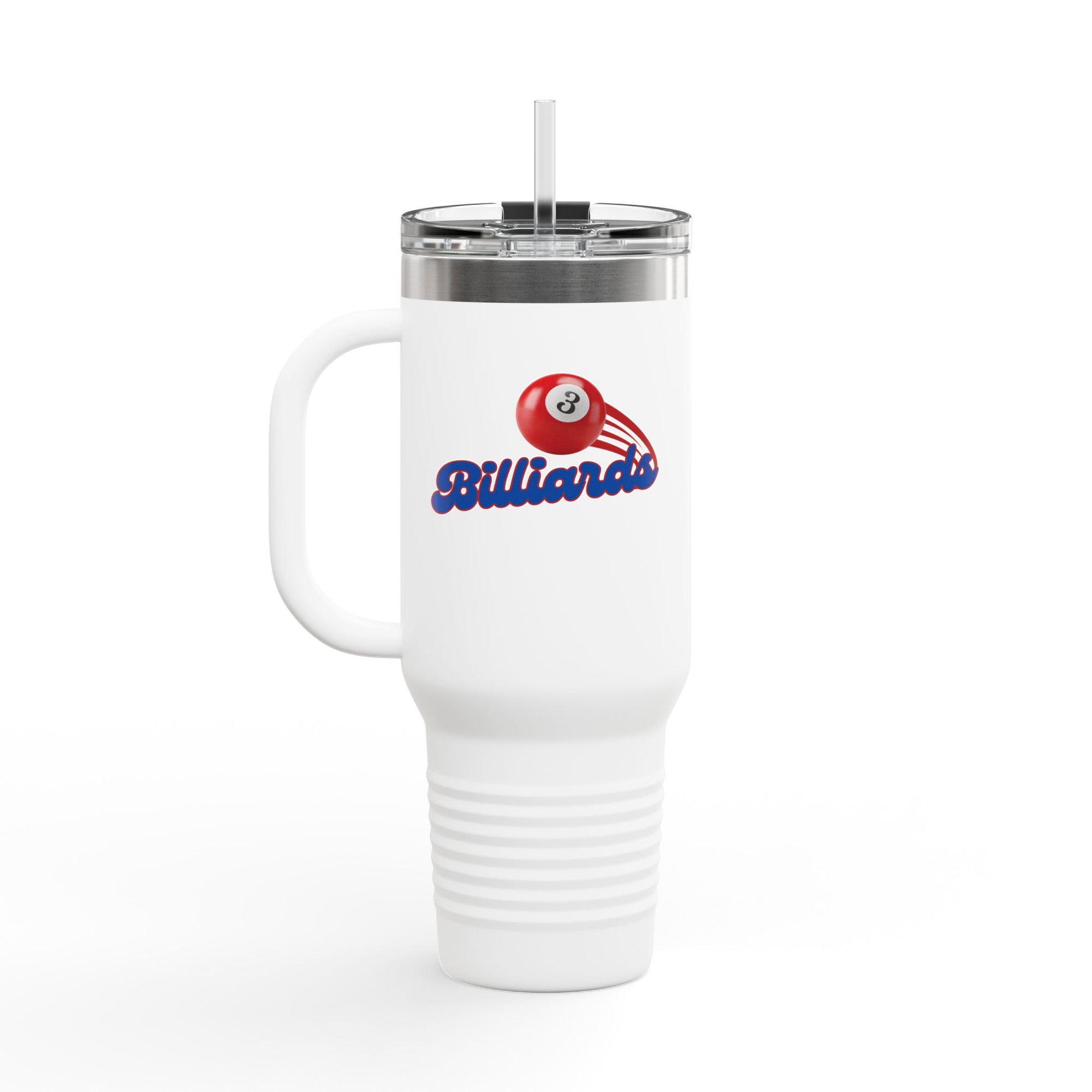 40oz white tumbler with lid and straw, with billiards ball and text that says "Billiards" against a white background