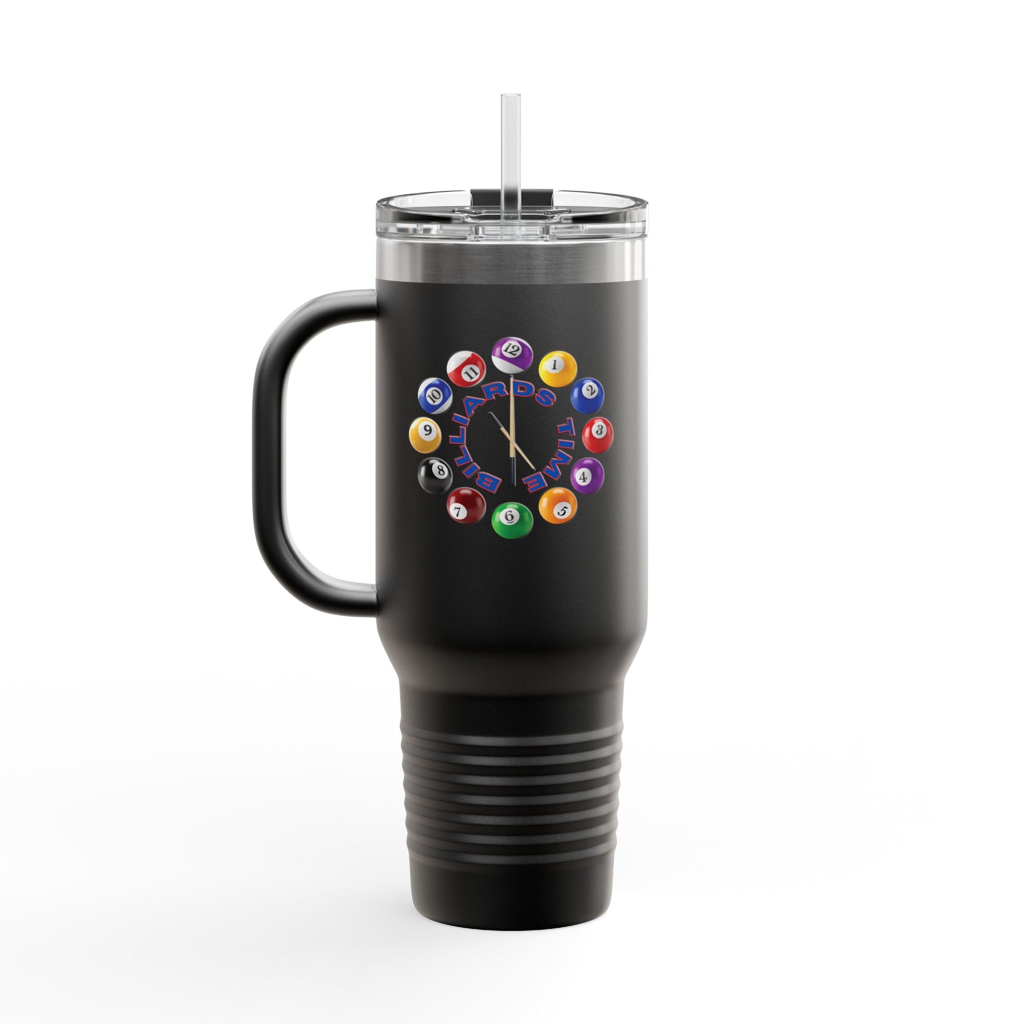 A black 40oz travel tumbler mug with lid and straw, with the text "Billiards Time" surrounded by a clock made up of colorful billiard balls and cue sticks, on a white background