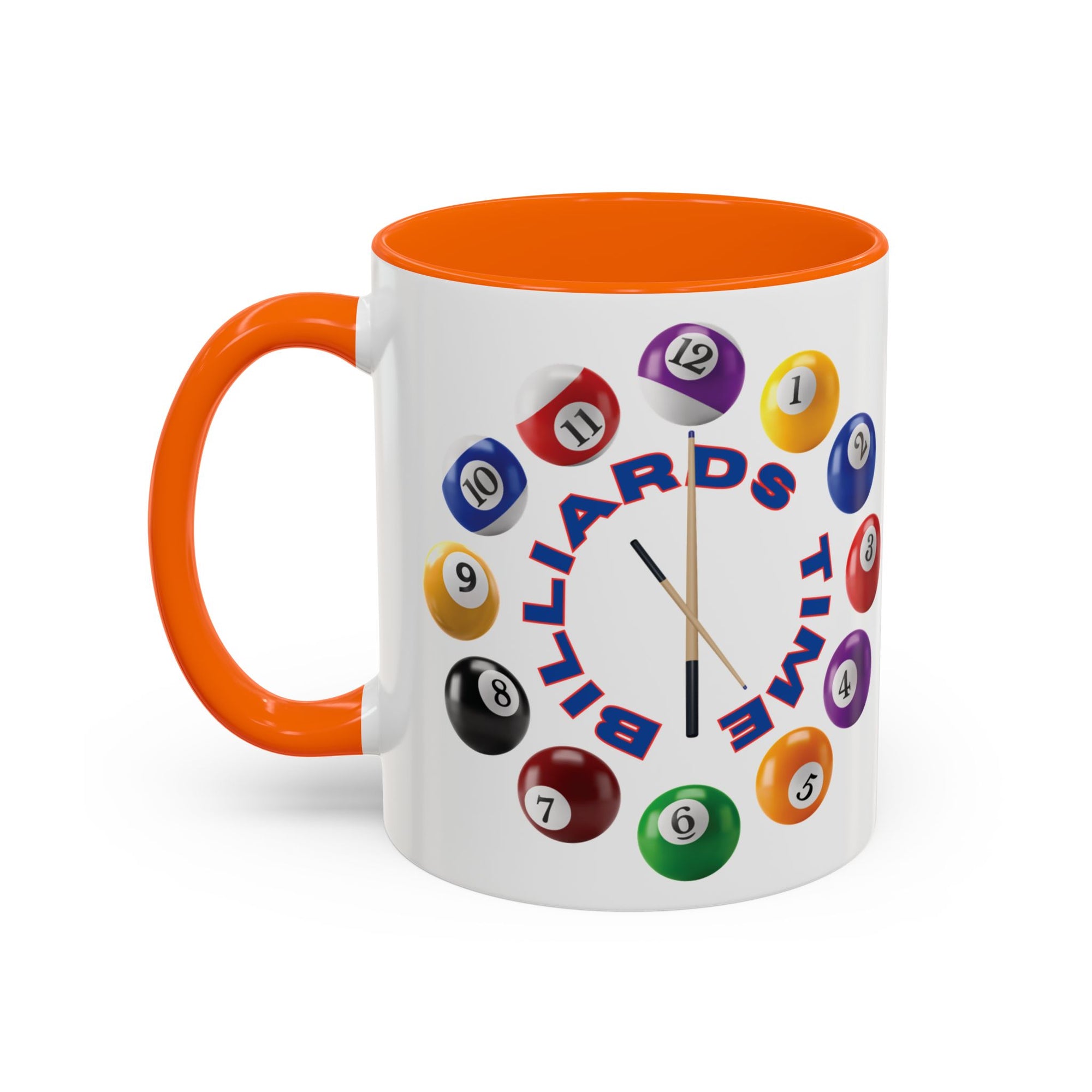 A white ceramic coffee mug with orange accents on the handle and interior, with the text "Billiards Time" surrounded by a clock made up of colorful billiard balls and cue sticks, on a white background