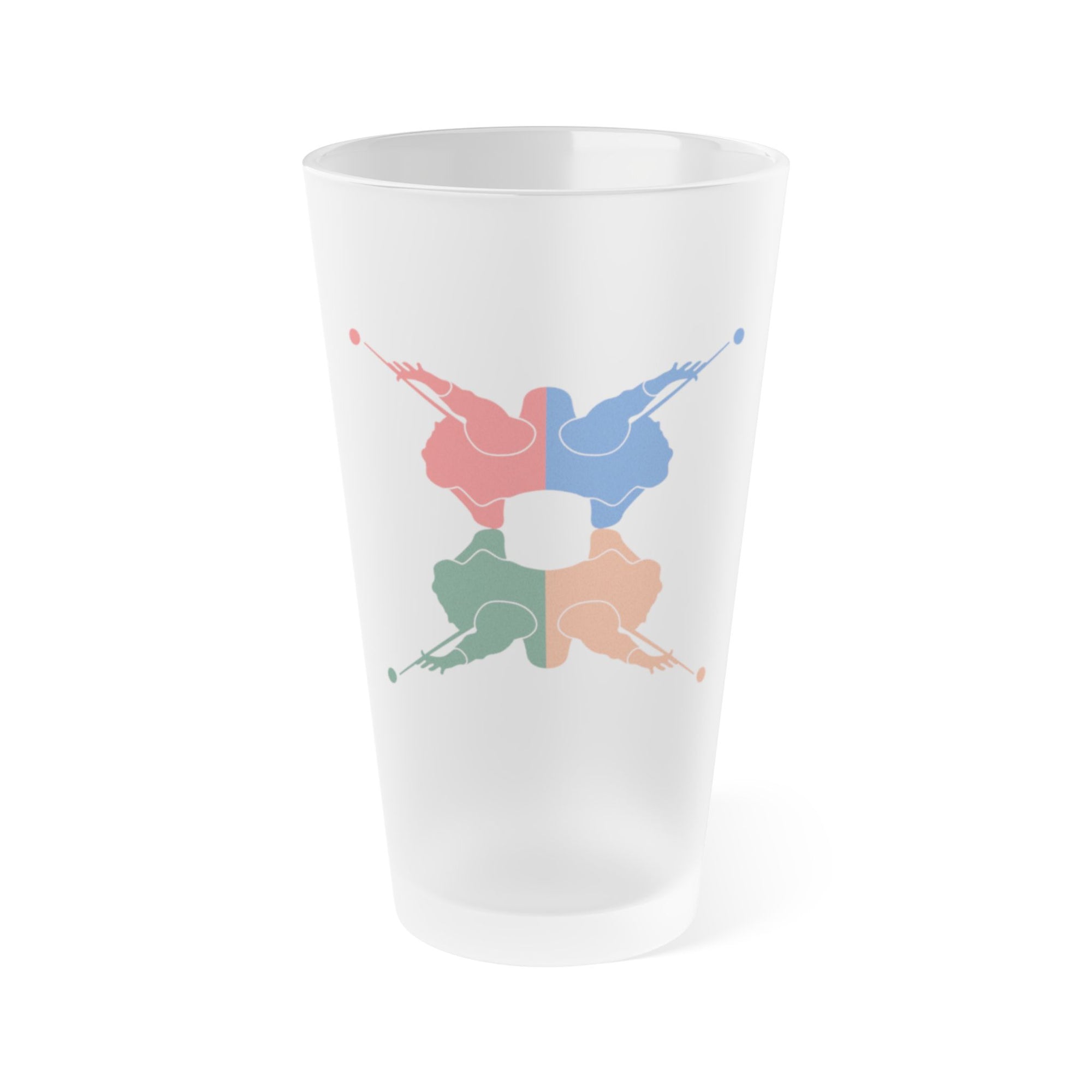 Frosted pint glass with colorful graphic of 4 billiards player silhouettes in a pop art style, against a white background