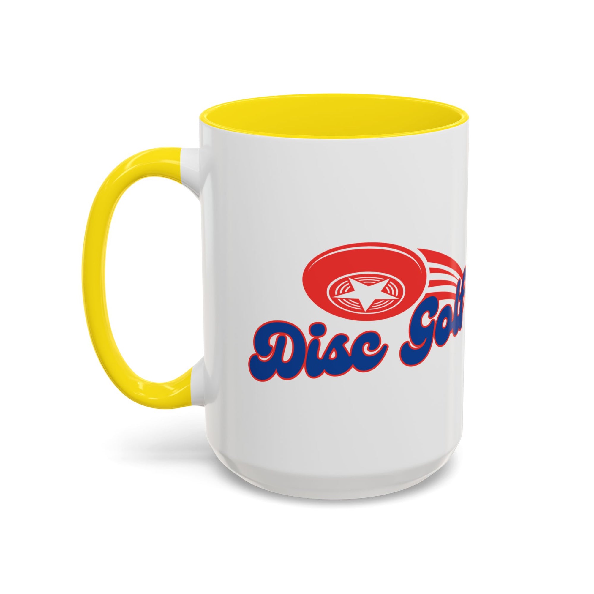 A ceramic coffee mug with yellow accents on the handle and interior, with 'Disc Golf' in a blue script text outlined in red and disc golf with motion trails, against a white background
