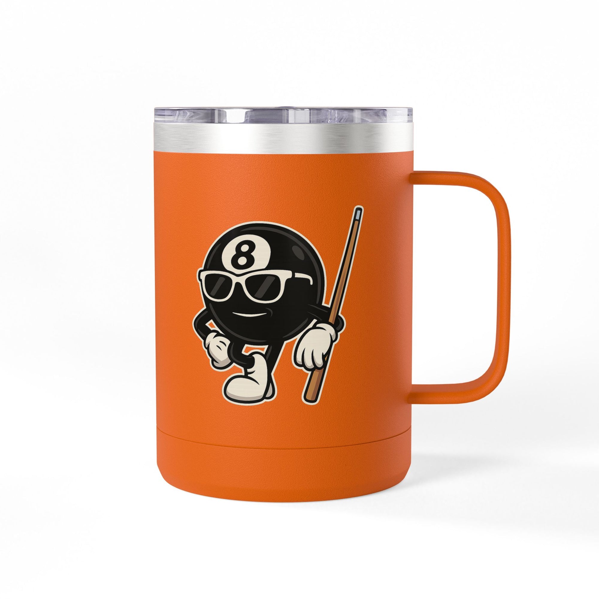 An orange travel coffee mug tumbler with handle and a lid, with a graphic of a cartoon billiards 8 ball with arms and legs and wearing sunglasses and leaning on a cue stick, on a white background