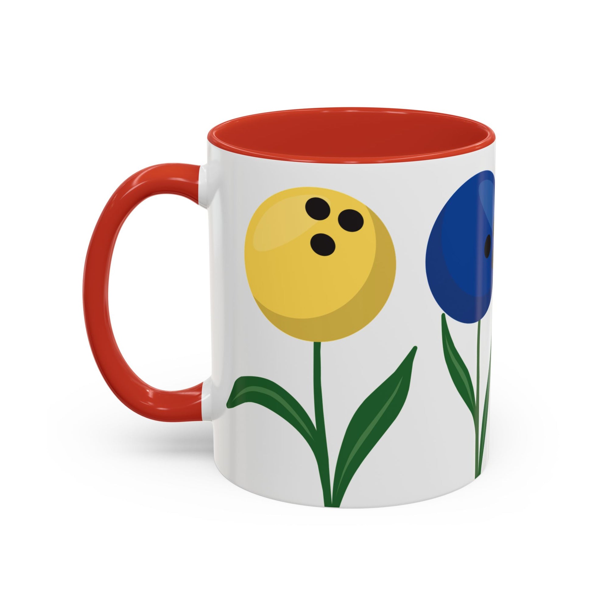 A white ceramic coffee mug with red accents on the handle and interior, with colorful flowers made out of bowling balls, on a white background