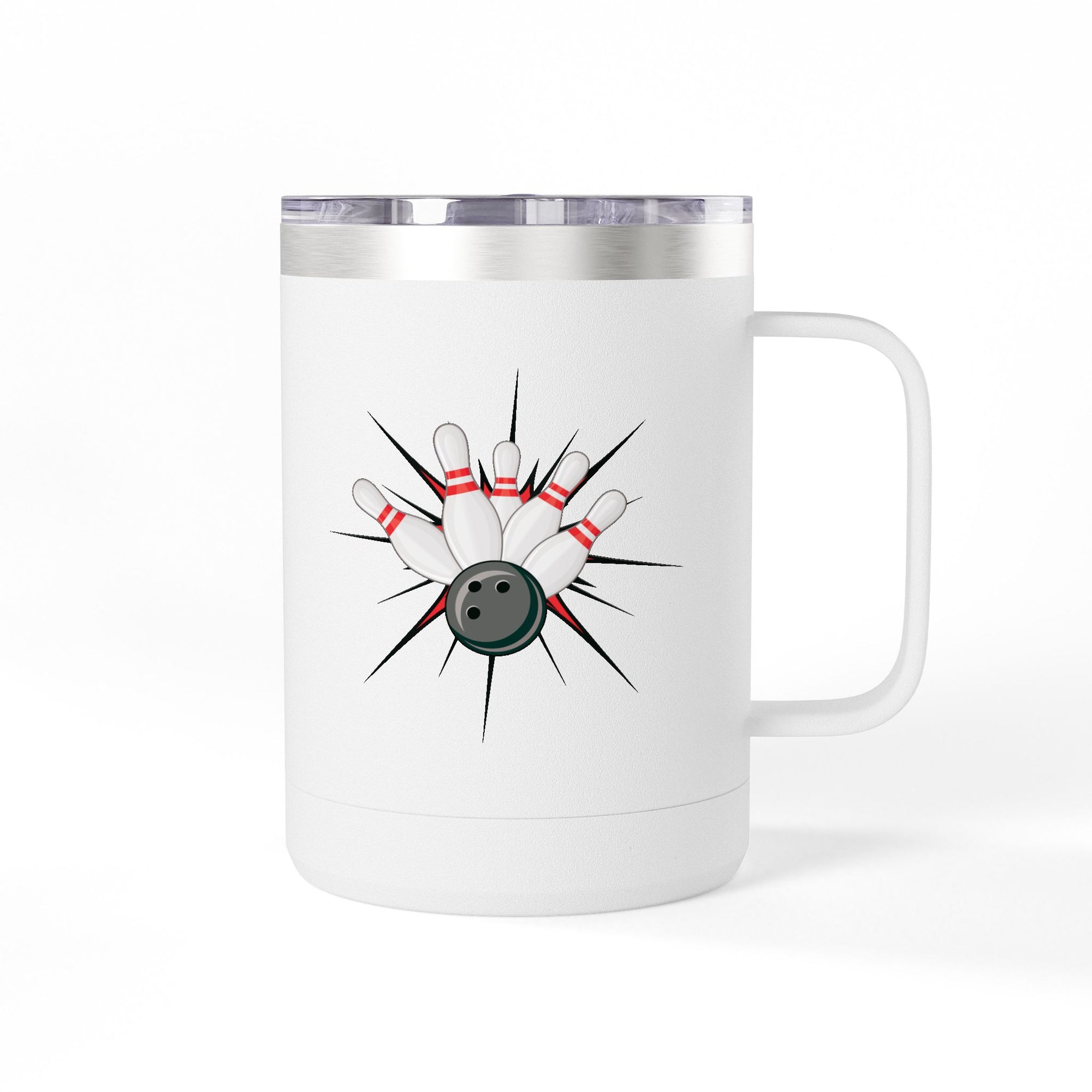 A white travel coffee tumbler mug with a lid and handle, with a graphic design of a bowling ball smashing into pins on a white background
