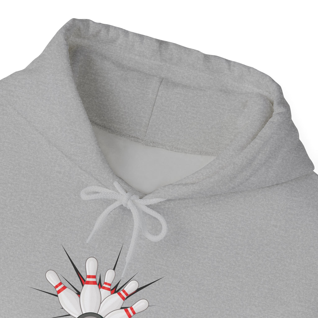 Close-up of the neckline of a gray hoodie with a graphic design of a bowling ball smashing into pins on a white background