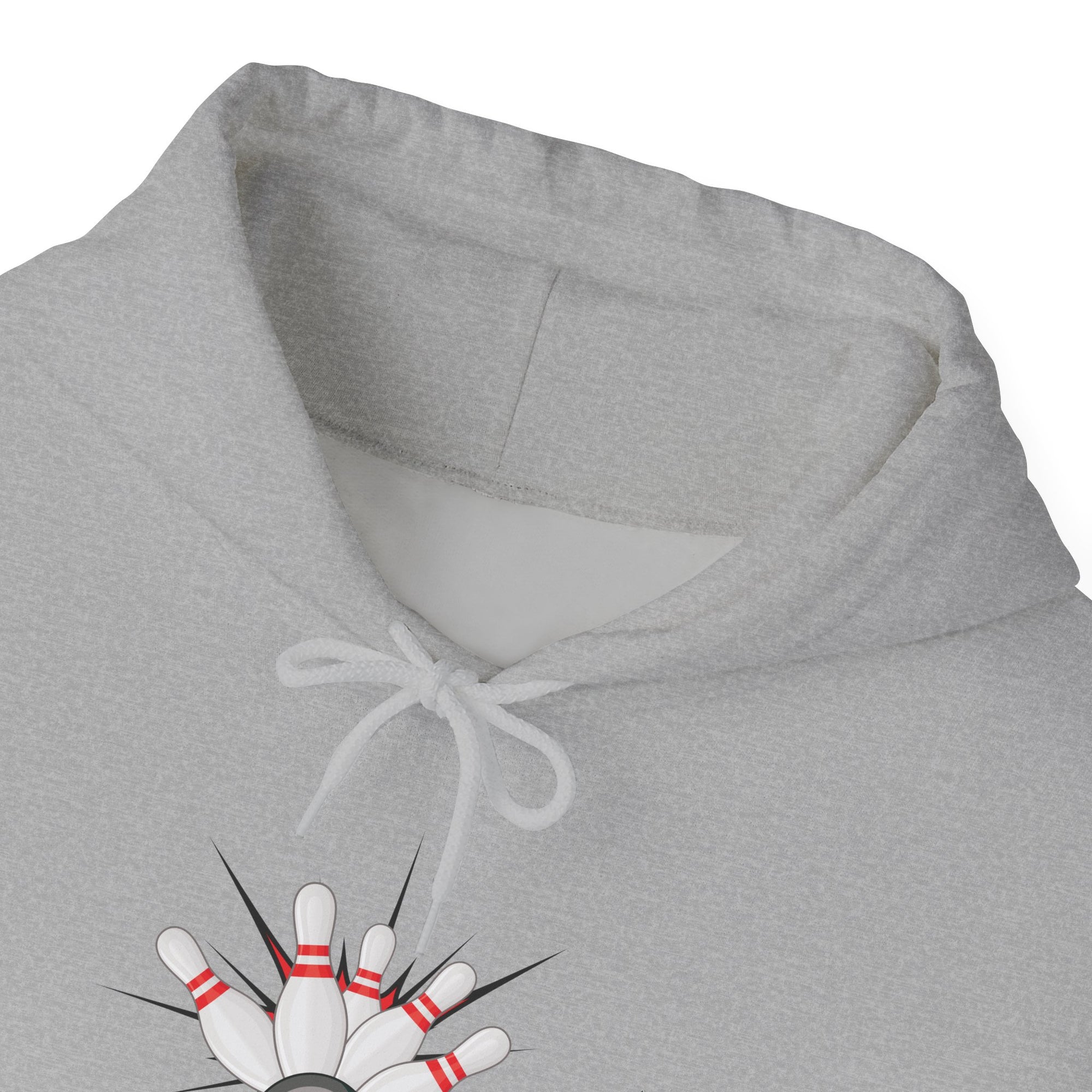 Close-up of the neckline of a gray hoodie with a graphic design of a bowling ball smashing into pins on a white background