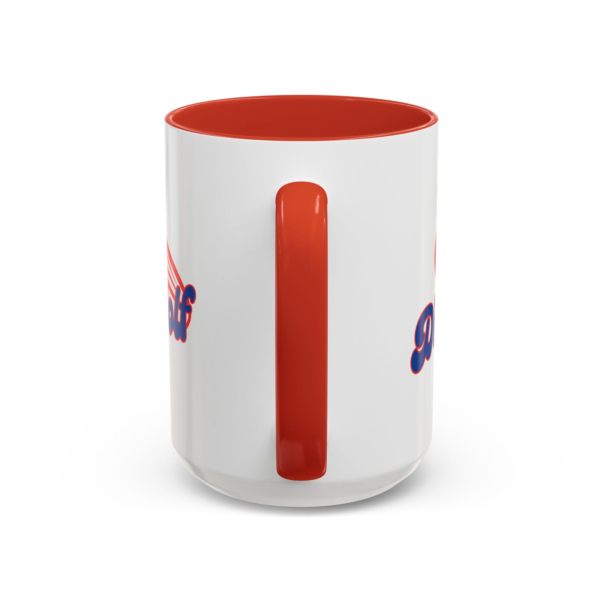 View of the handle of a ceramic coffee mug with red accents on the handle and interior, with 'Disc Golf' in a blue script text outlined in red and disc golf with motion trails, against a white background