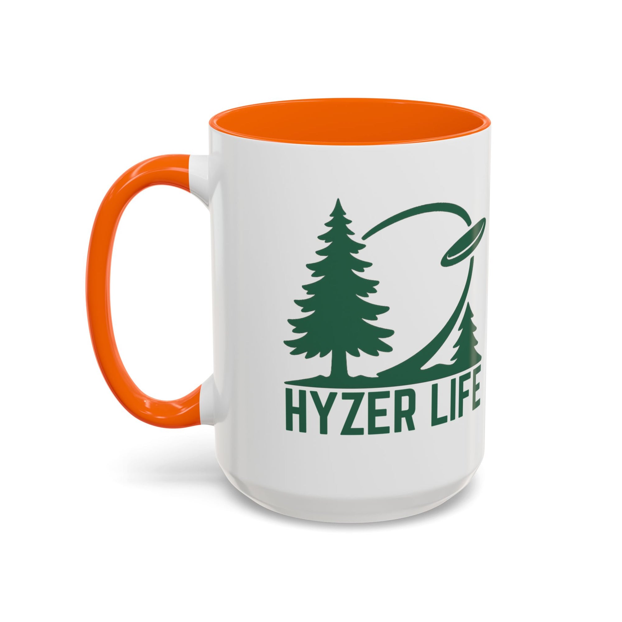 Ceramic coffee mug with orange accents on the handle and interior, with green graphic of trees and a disc golf flying with the words 'HYZER LIFE' below the image, against a white background