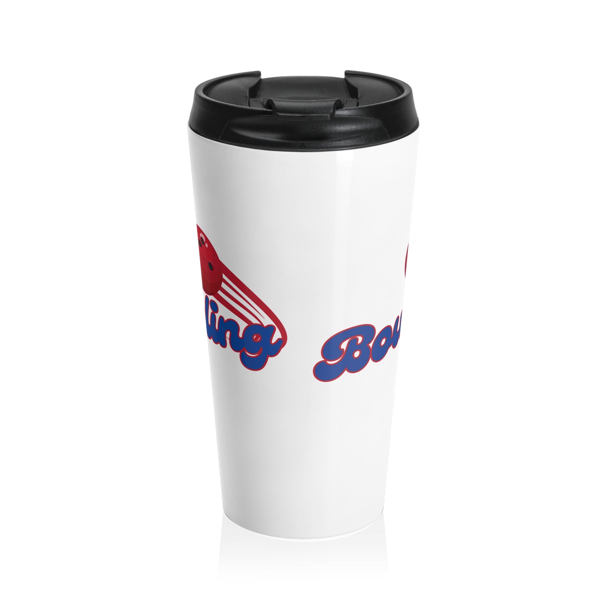 White tumbler with black lid featuring a red bowling ball and blue "Bowling" text on a white background
