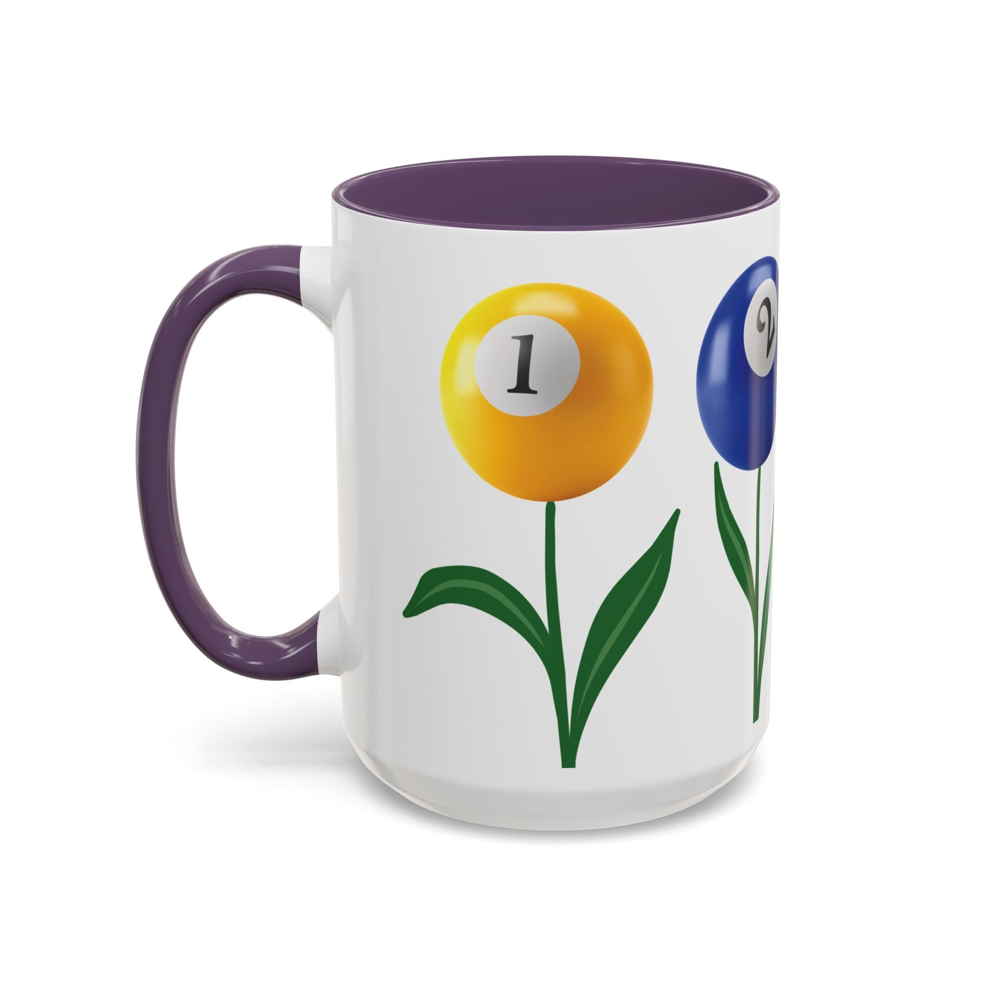 A white ceramic coffee mug with purple accents on the handle and interior, with four colorful flowers made out of billiards balls with green stems, on a white background