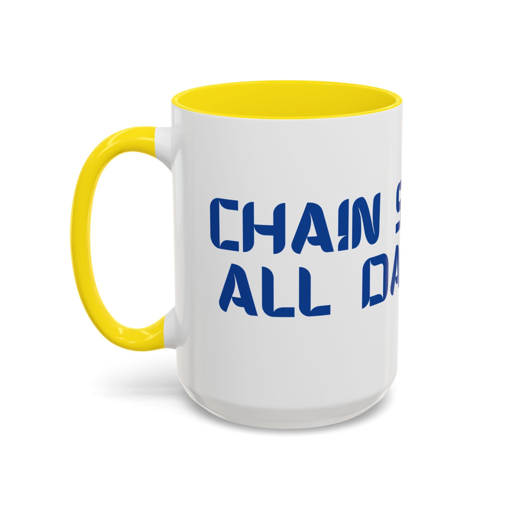 A ceramic coffee mug with yellow accents on the handle and interior, with 'CHAIN SMOKING ALL DAY LONG' text with the O's replaced by disc golf discs, against a white background