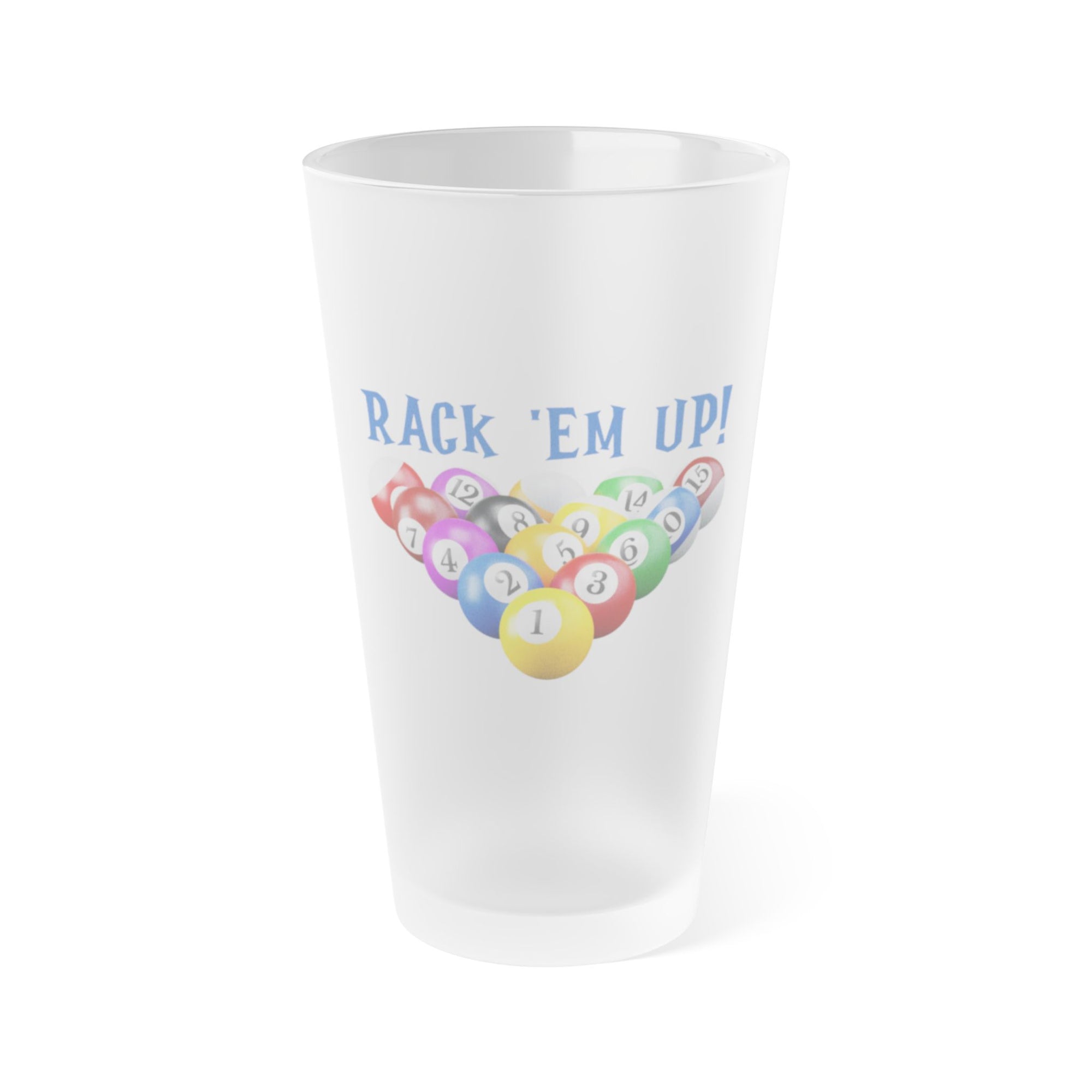 Frosted pint glass racked billiards ball design and 'Rack 'Em Up!' text, against a white background