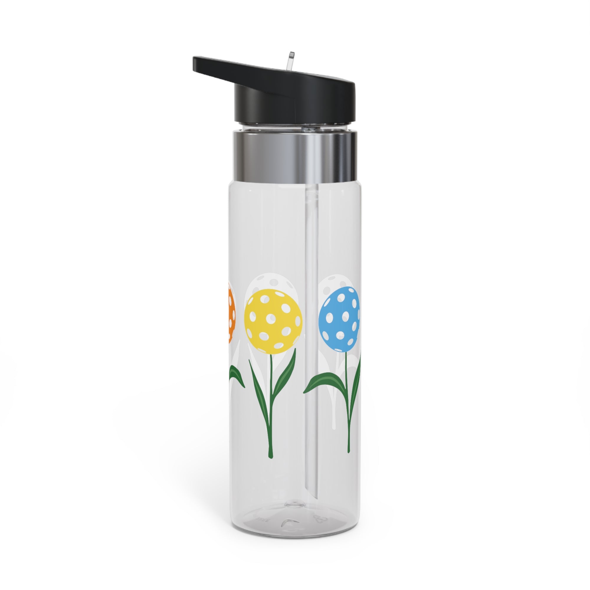 A clear water bottle with lid featuring colorful flowers made from pickleballs on green stems with leaves, against a white background