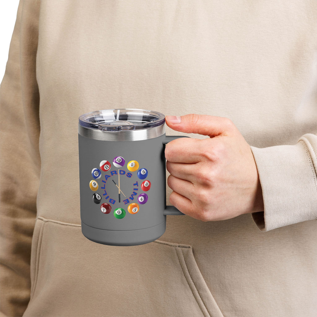 A person holding a gray travel coffee mug tumbler with a lid, with the text "Billiards Time" surrounded by a clock made up of colorful billiard balls and cue sticks, on a white background