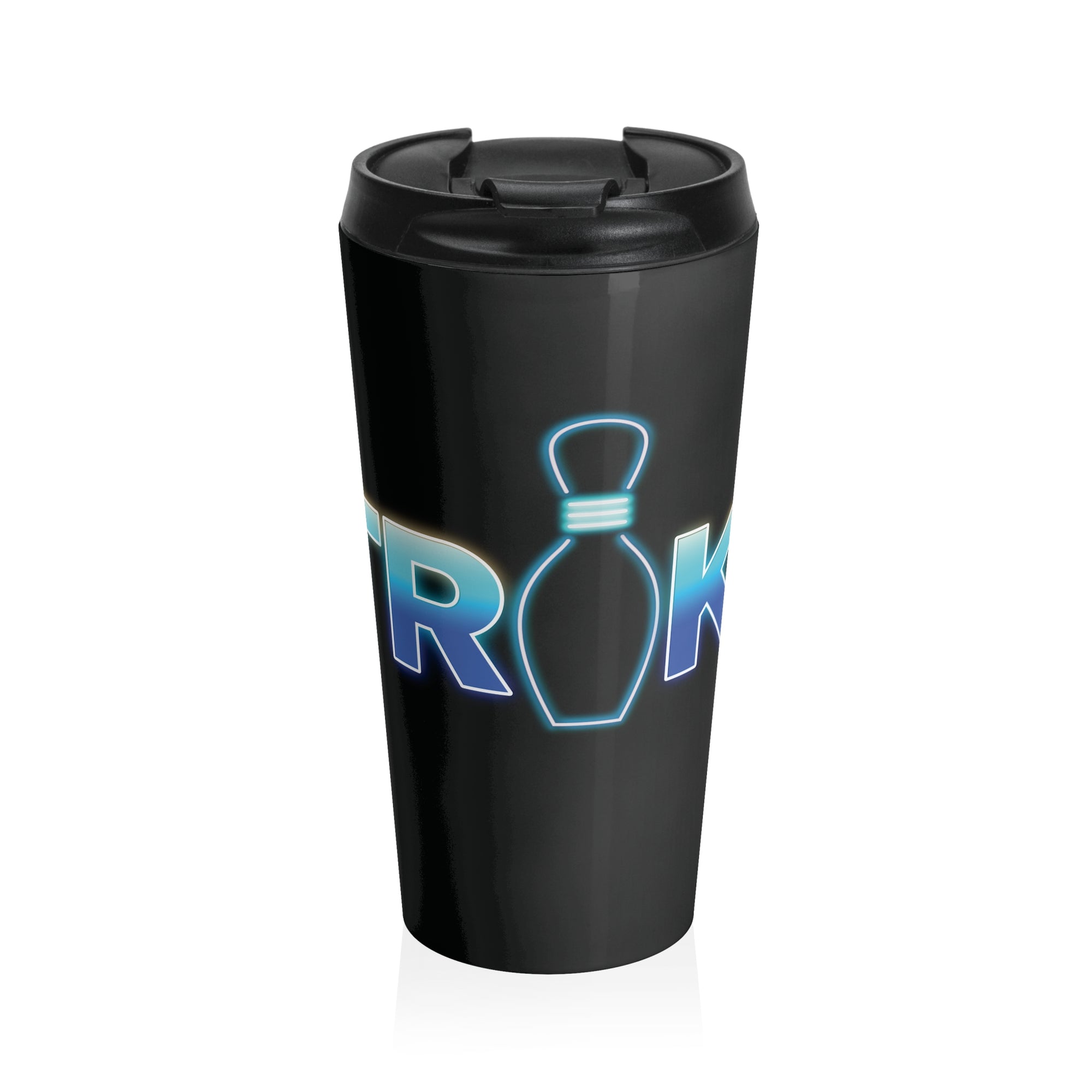 Black travel coffee mug with black lid, with 'STRIKE!' with the "I" replaced by a bowling pin, on a white background