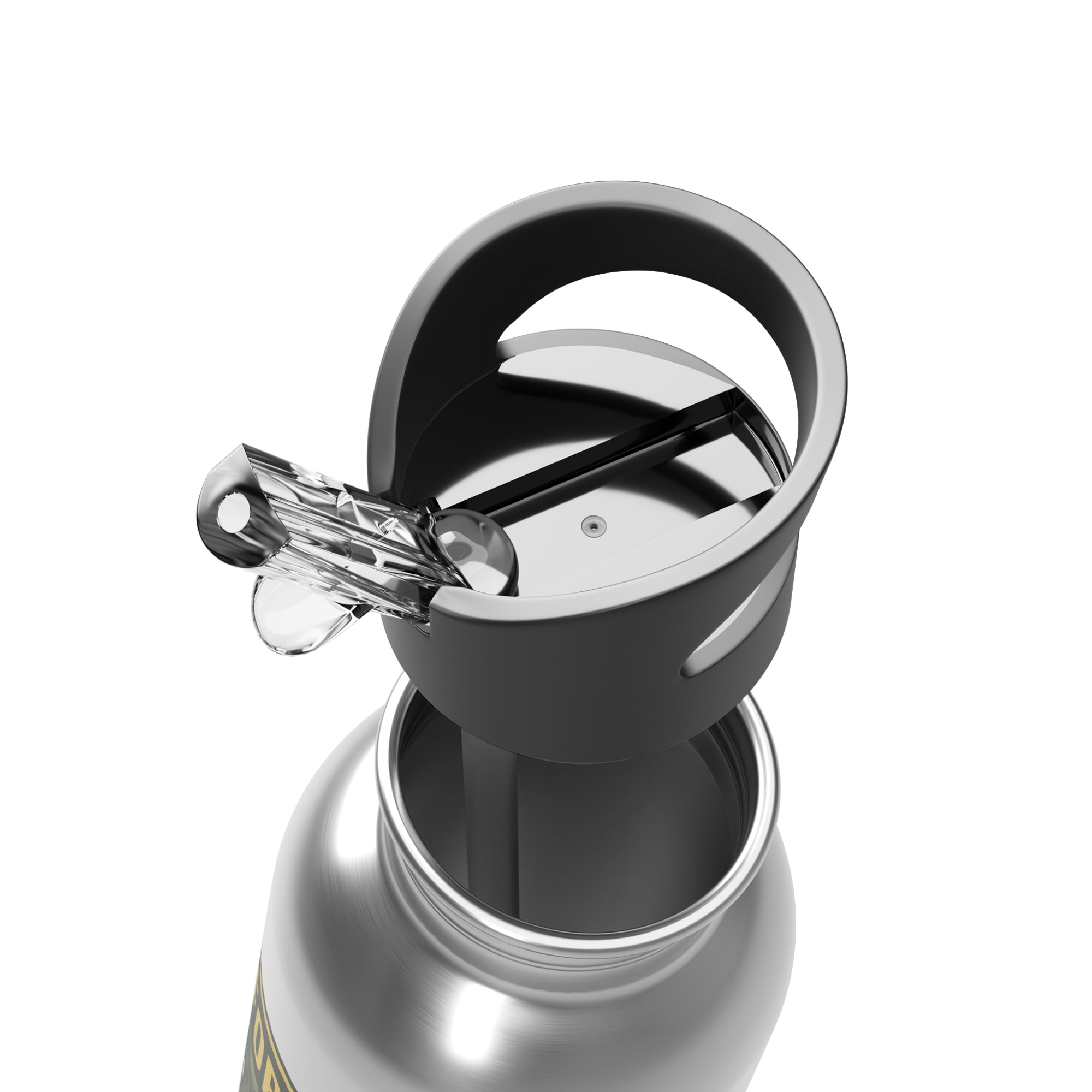 Close-up of a silver water bottle with a black cap on a white background
