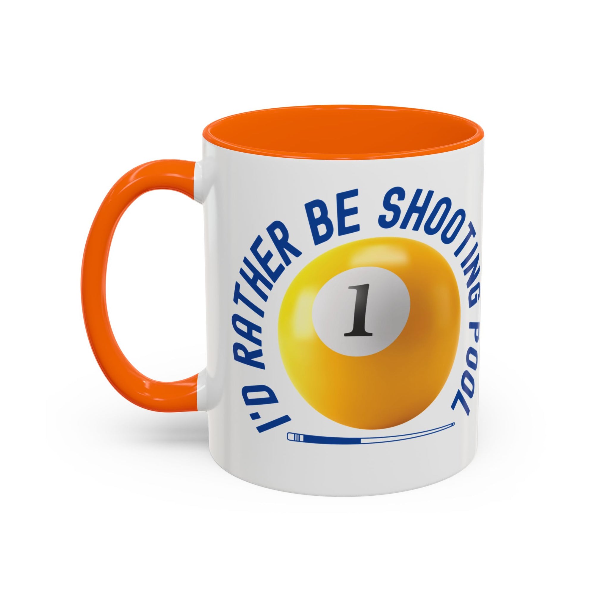 Ceramic coffee mug with orange accents on the handle and interior, with a yellow billiards ball and cue stick graphic and the text "I'd Rather Be Shooting Pool" on a white background