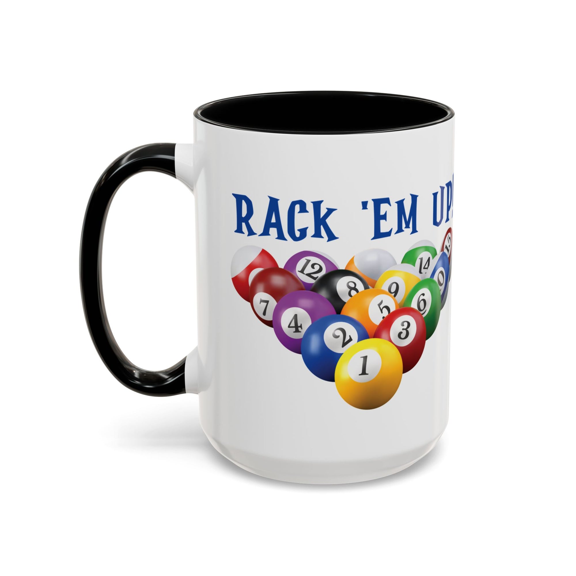A white ceramic coffee mug with black accents on the handle and interior, with racked pool ball design and 'Rack 'Em Up!' text, against a white background