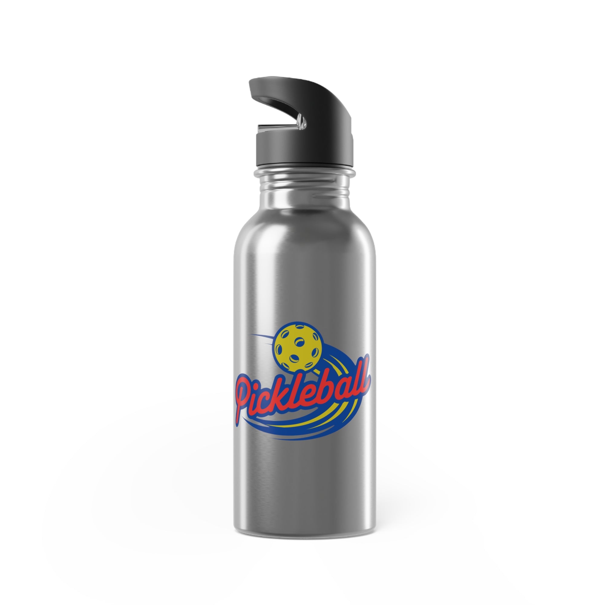 A stainless steel water bottle with a classic pickleball logo featuring the word pickleball and a yellow pickleball with motion lines, against a white background