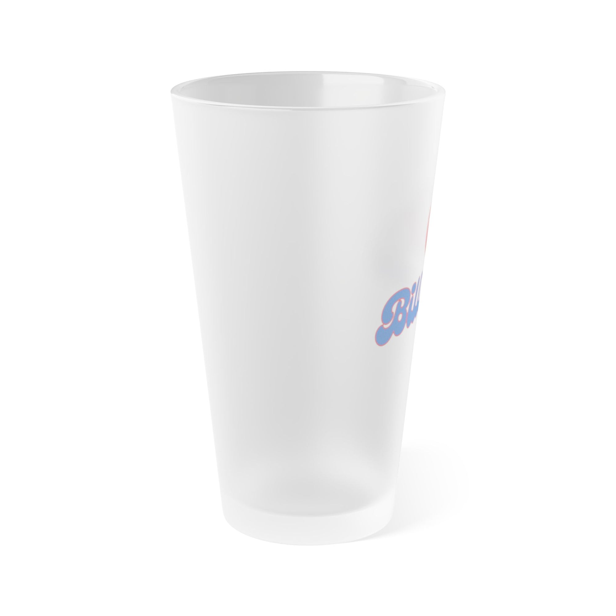 Side view of a frosted pint glass with billiards ball and text that says "Billiards" against a white background