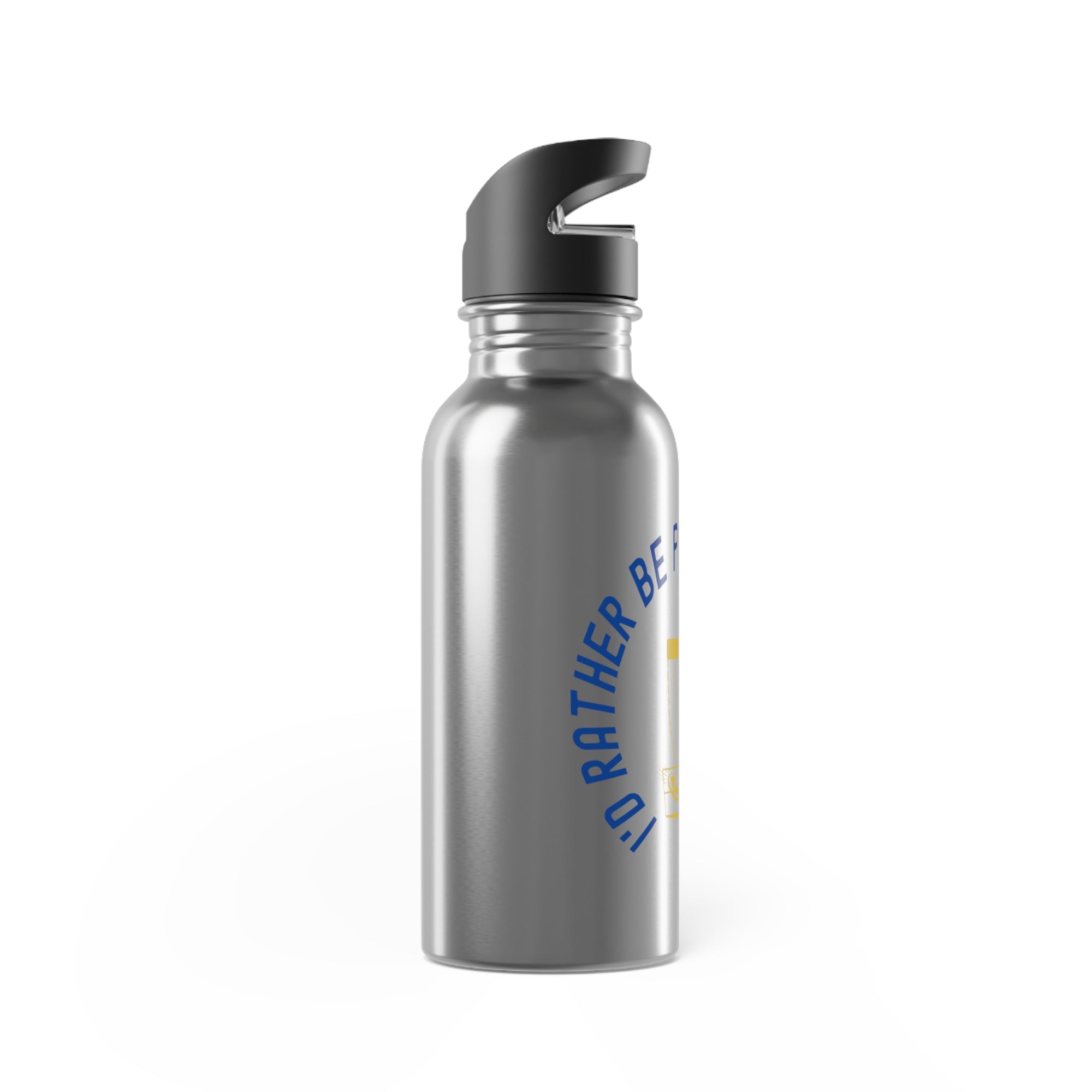 Side view of a stainless steel water bottle with cap, with a graphic of disc golf chains, basket, and disc and text that says "I'd Rather Be Playing Disc Golf" on a white background