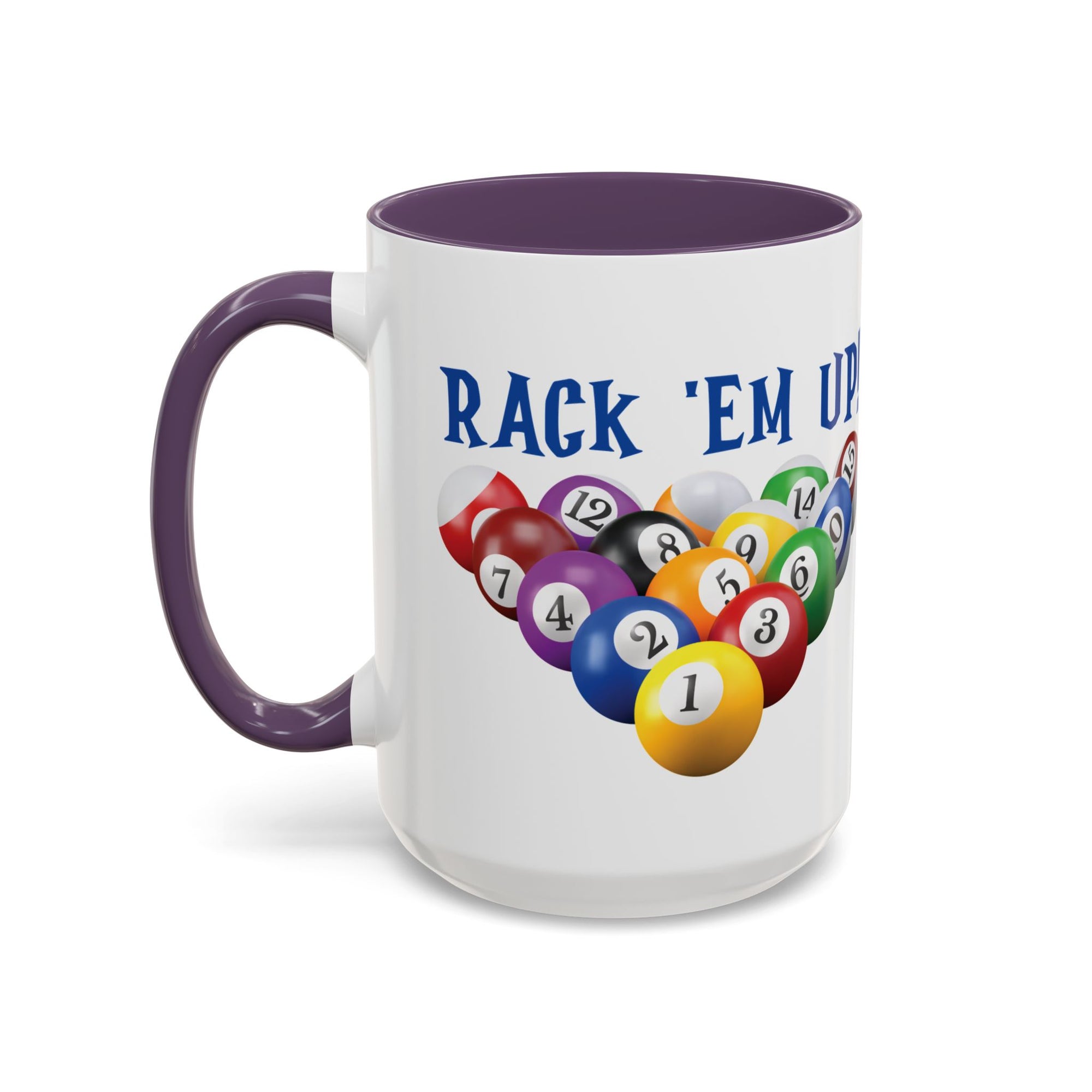 A white ceramic coffee mug with purple accents on the handle and interior, with racked pool ball design and 'Rack 'Em Up!' text, against a white background