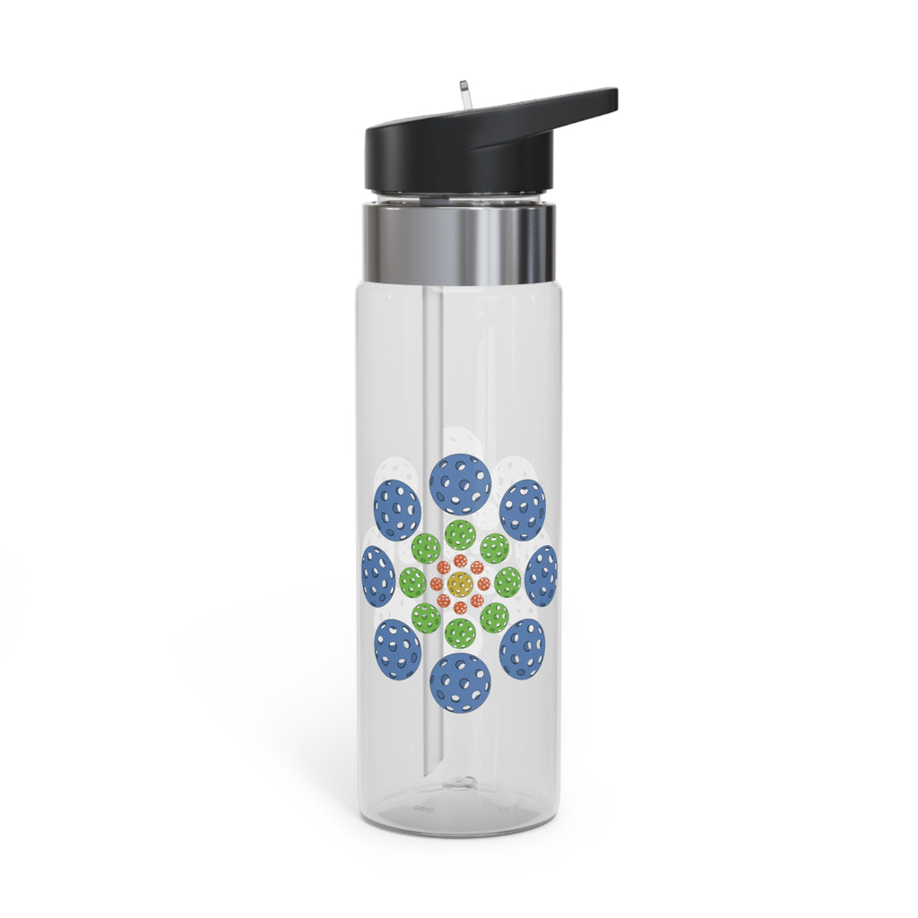 Clear water bottle with colorful geometric design of pickleballs and black lid on a white background