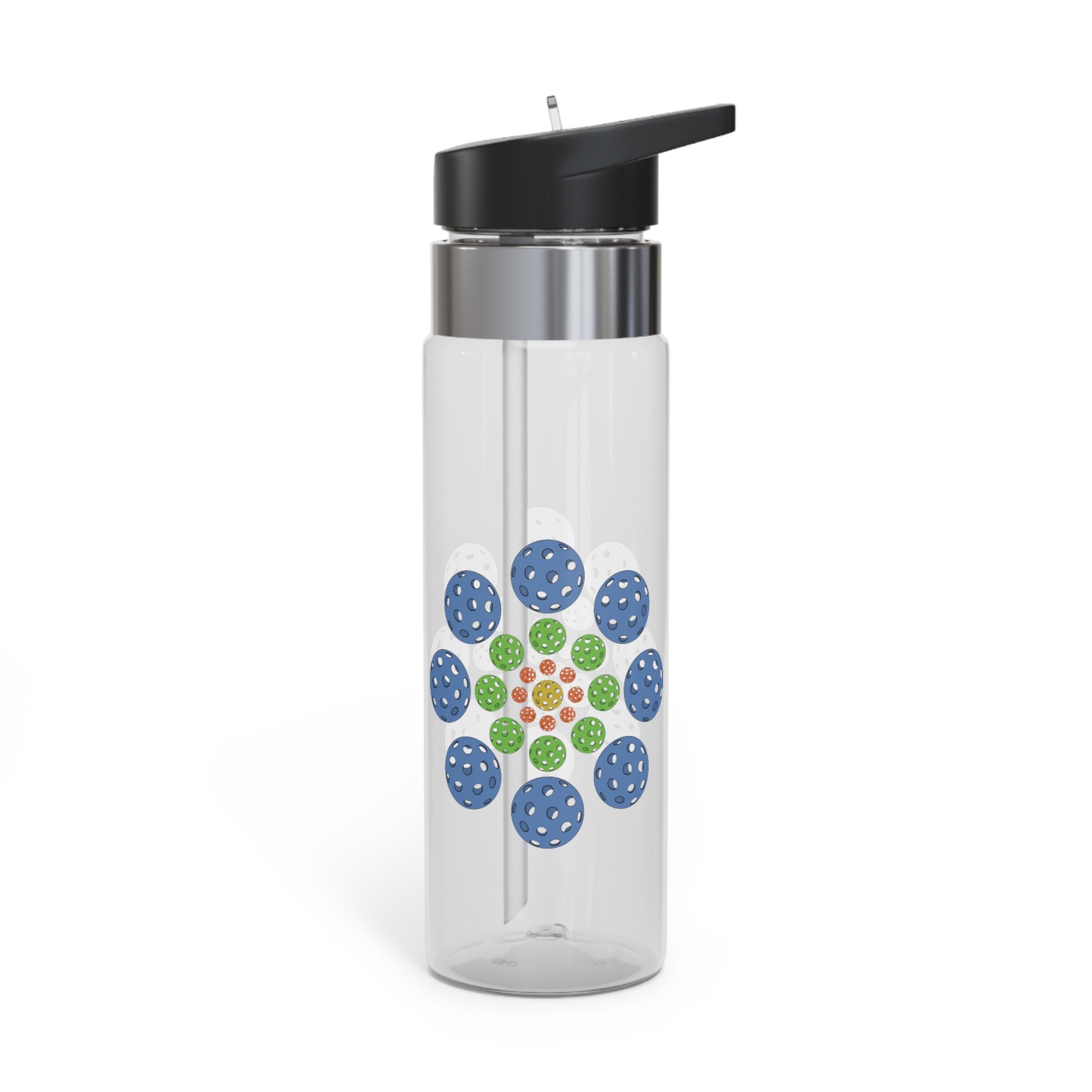 Clear water bottle with colorful geometric design of pickleballs and black lid on a white background