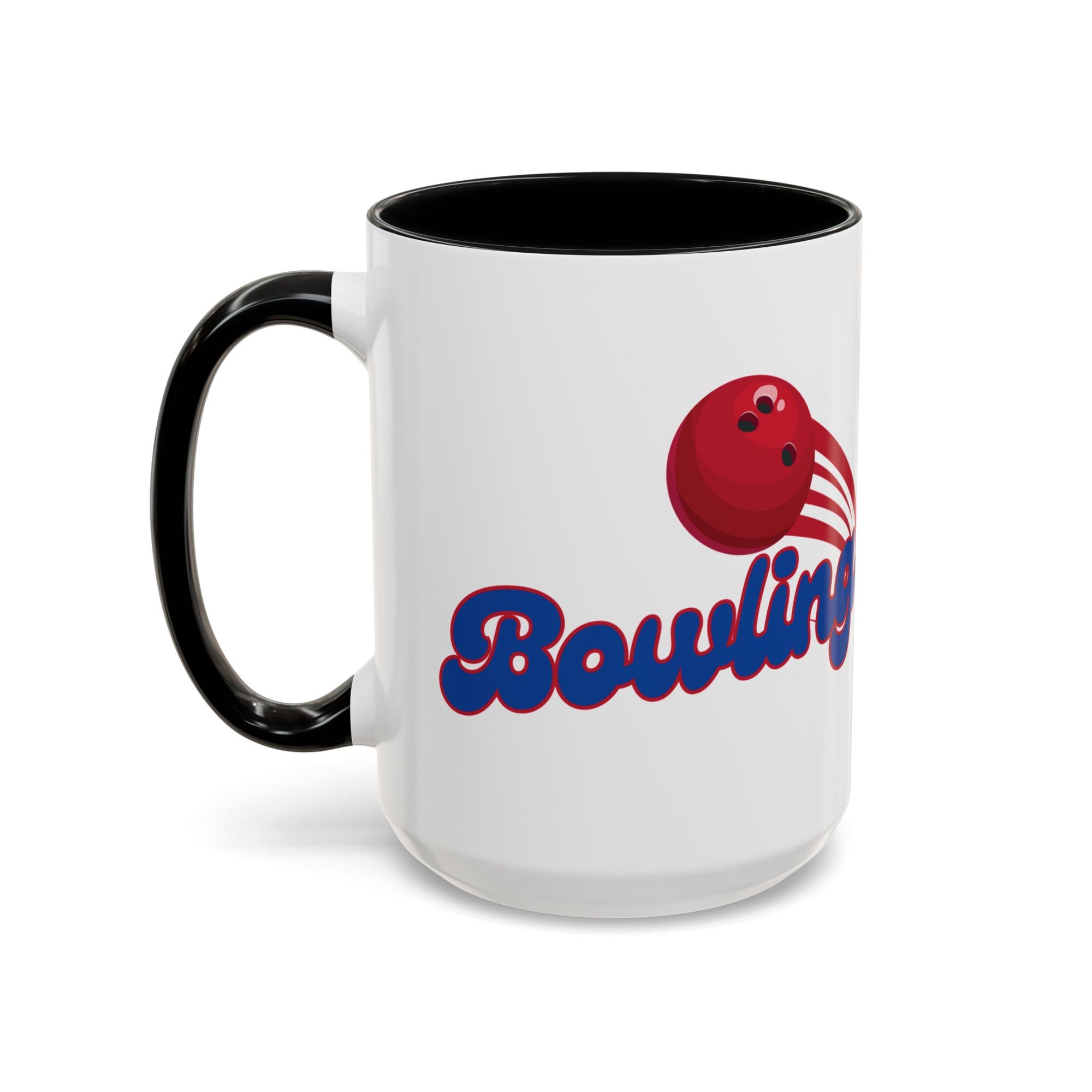 A white ceramic coffee mug with black accents on the handle and interior, with a red bowling ball graphic and 'Bowling' text on a white background