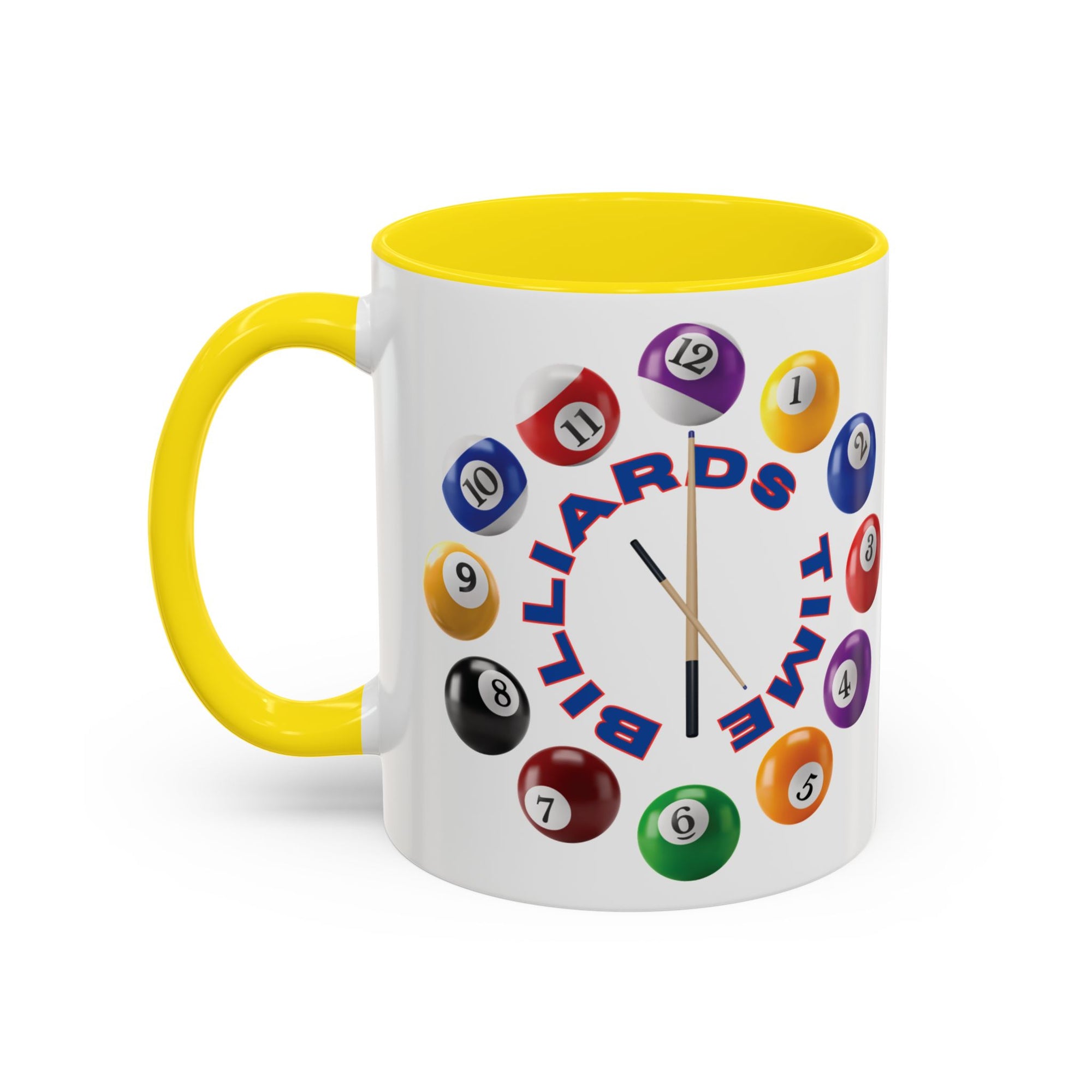 A white ceramic coffee mug with yellow accents on the handle and interior, with the text "Billiards Time" surrounded by a clock made up of colorful billiard balls and cue sticks, on a white background