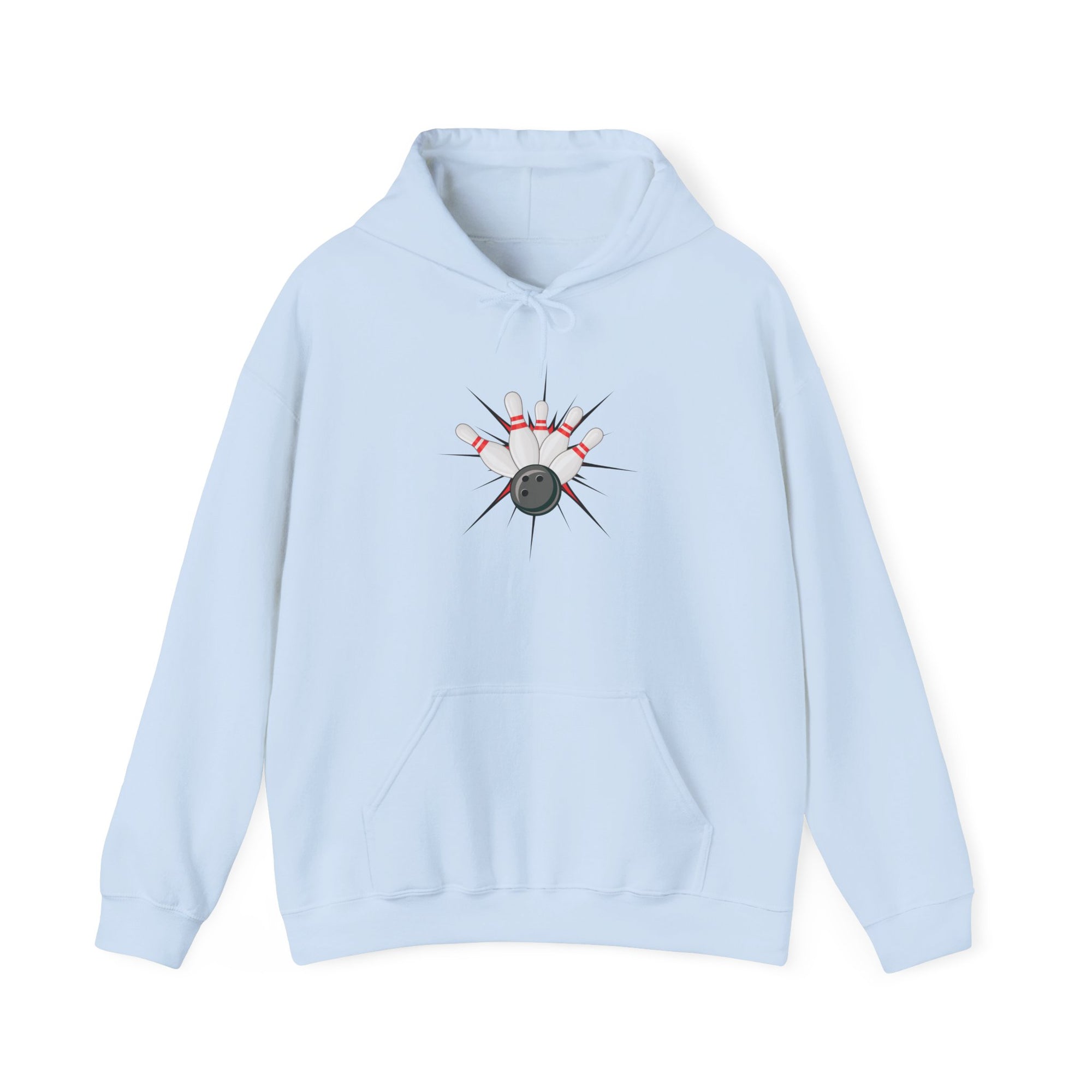 Light blue hoodie with a graphic design of a bowling ball smashing into pins on a white background