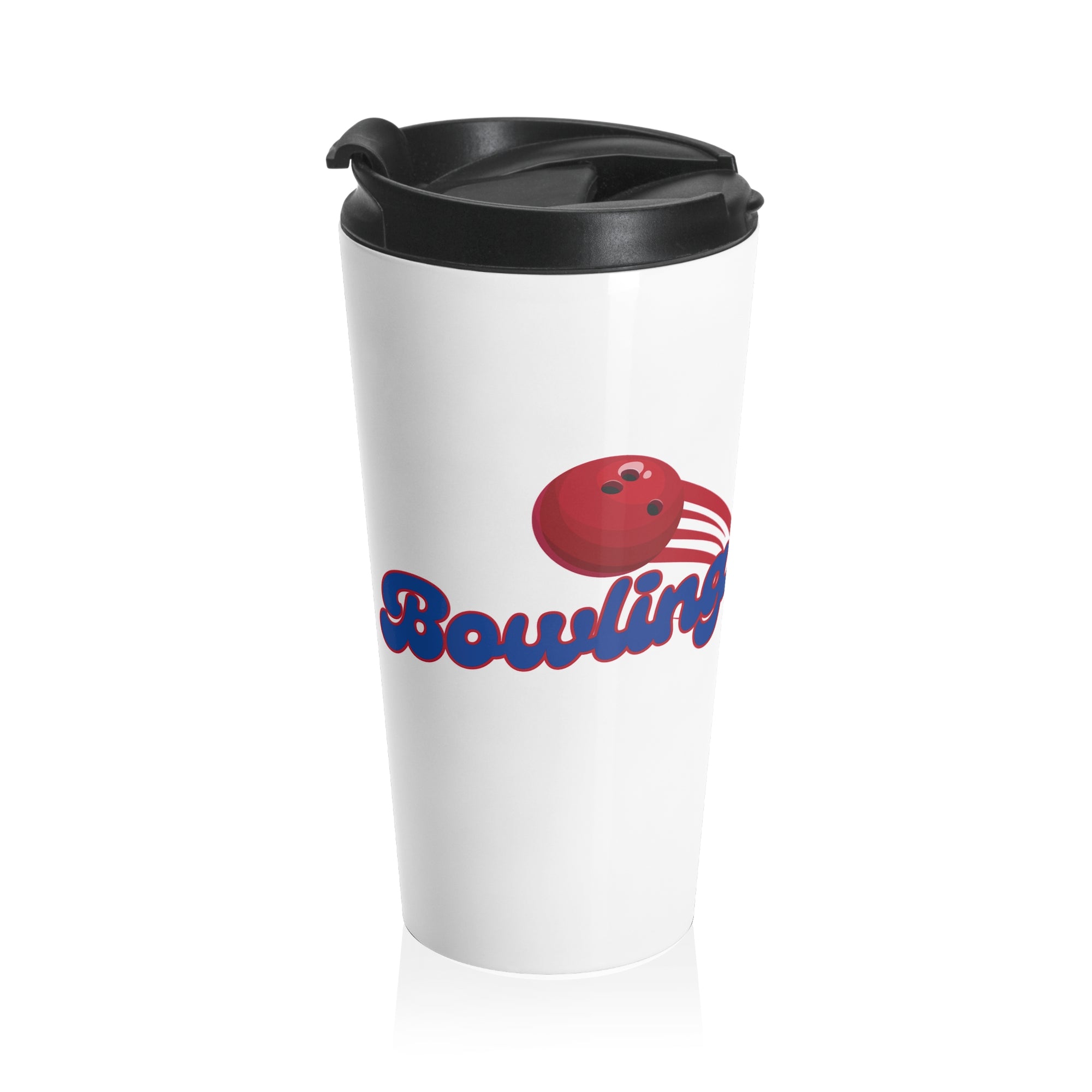 White tumbler with black lid featuring a red bowling ball and blue "Bowling" text on a white background