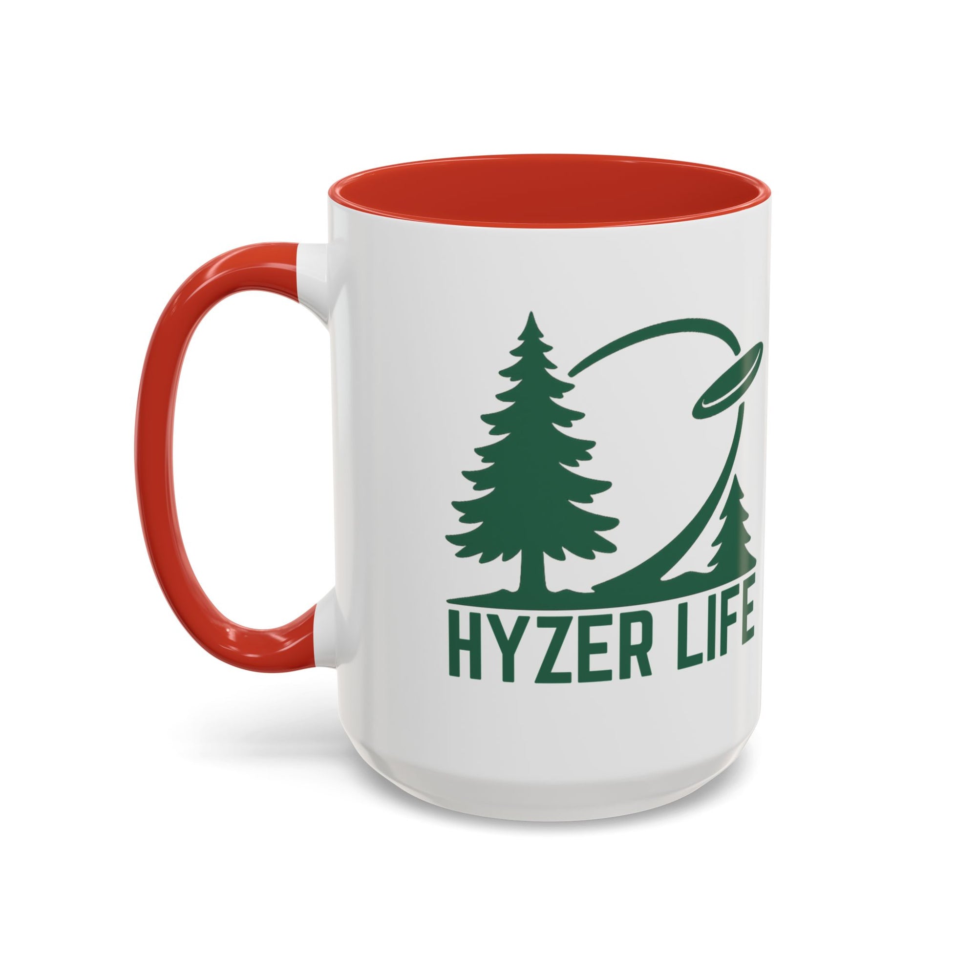 Ceramic coffee mug with red accents on the handle and interior, with green graphic of trees and a disc golf flying with the words 'HYZER LIFE' below the image, against a white background