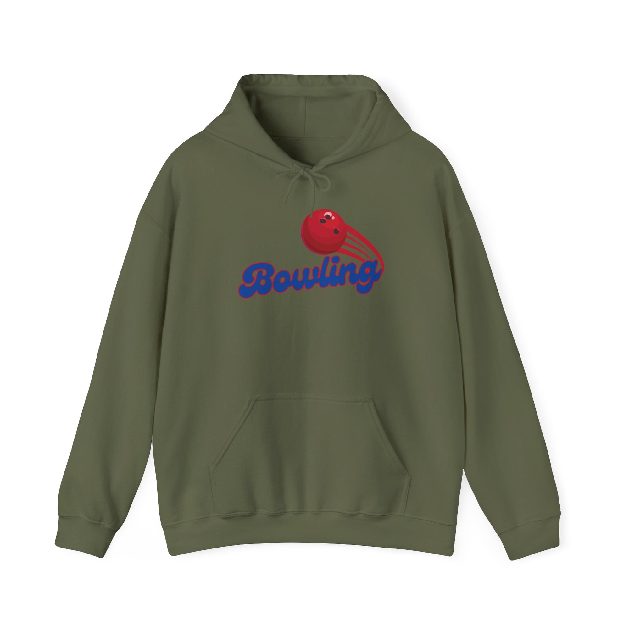 Military green hoodie with a red bowling ball graphic and 'Bowling' text on a white background