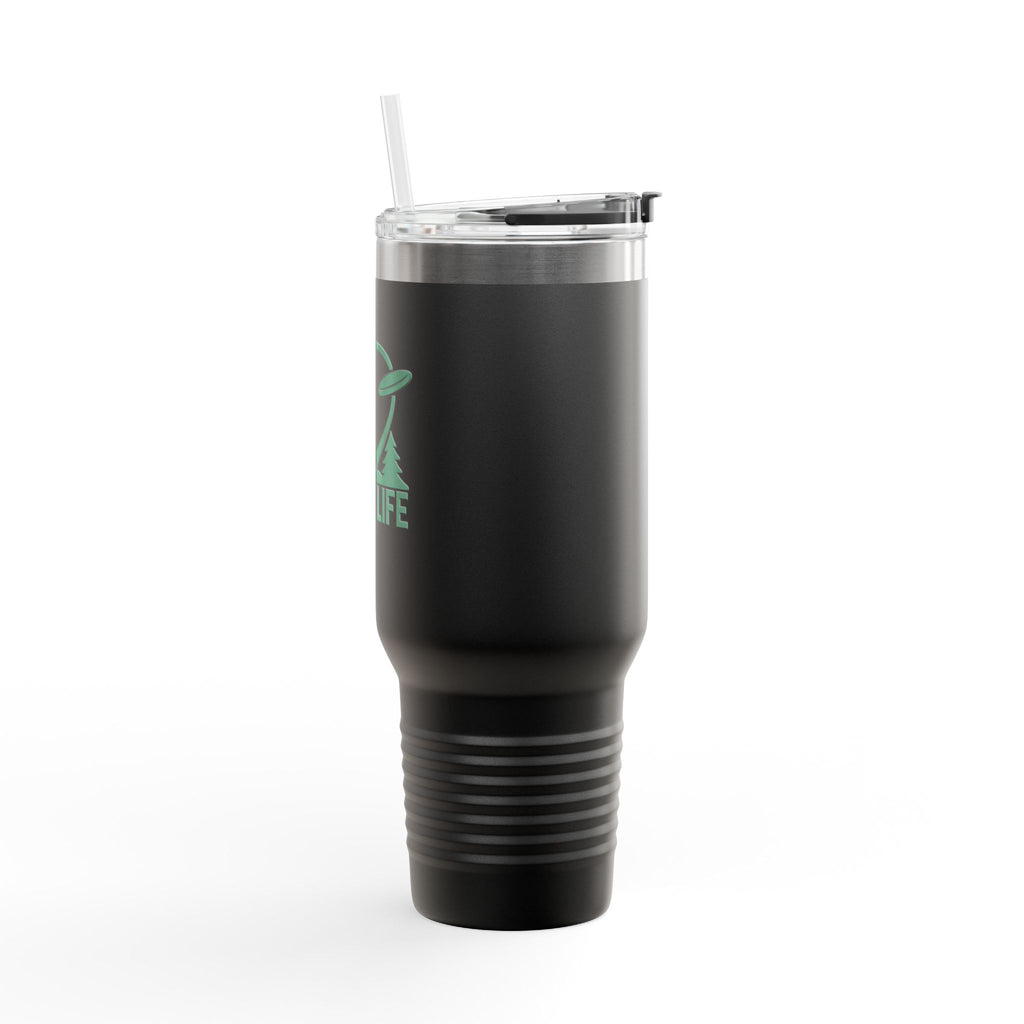 Side view of a black 40oz travel mug with lid and straw with green graphic of trees and a disc golf flying with the words 'HYZER LIFE' below the image, on a white background